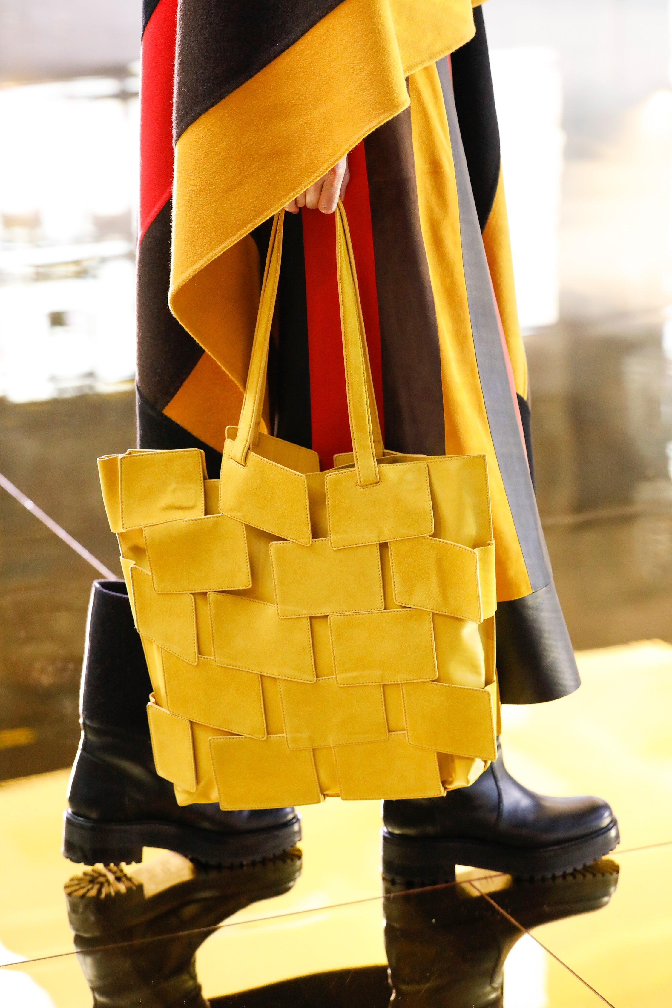 Laquered Tote Bag in Golden Birch Patchwork Suede - 5
