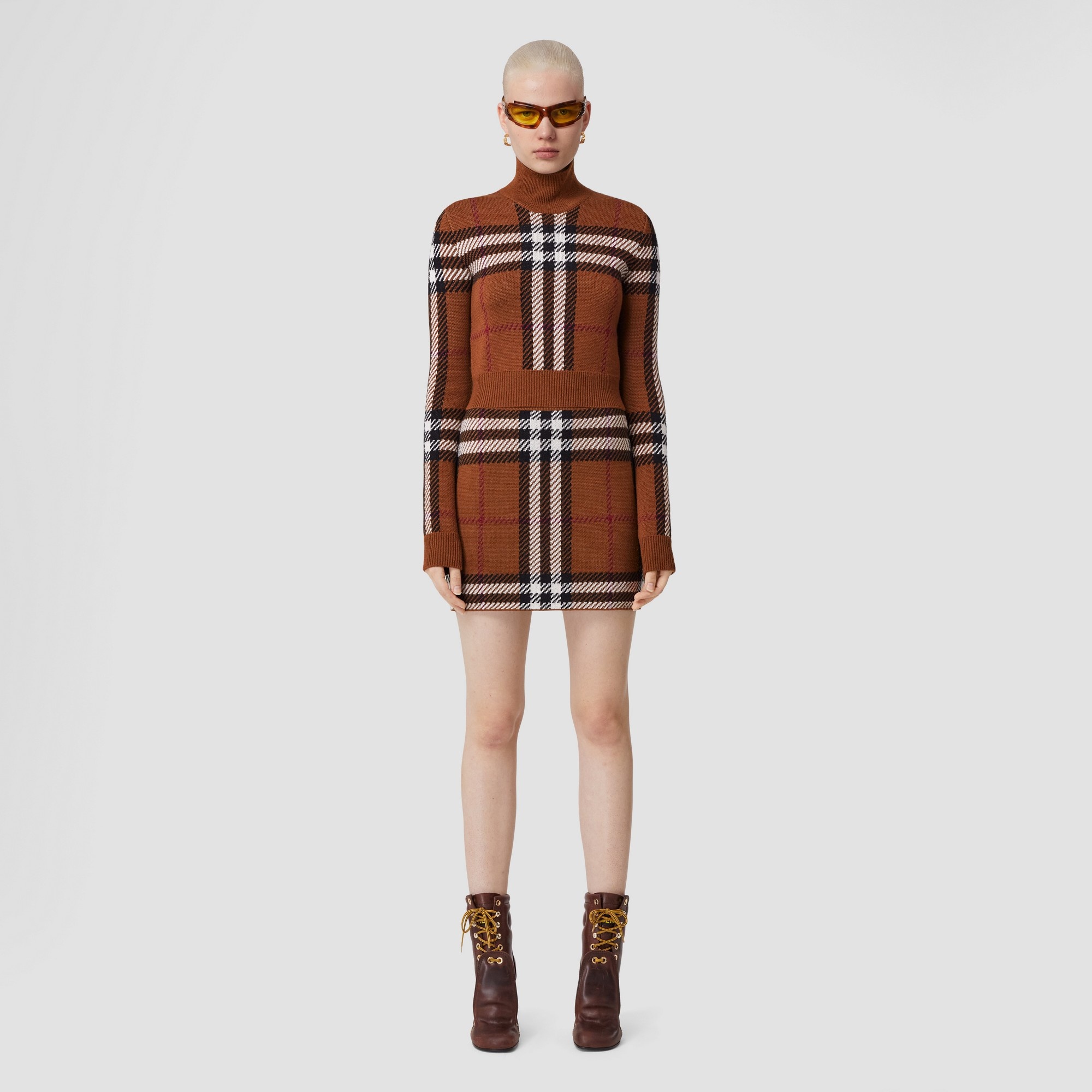 Check Wool Jacquard Cropped Sweater - 5