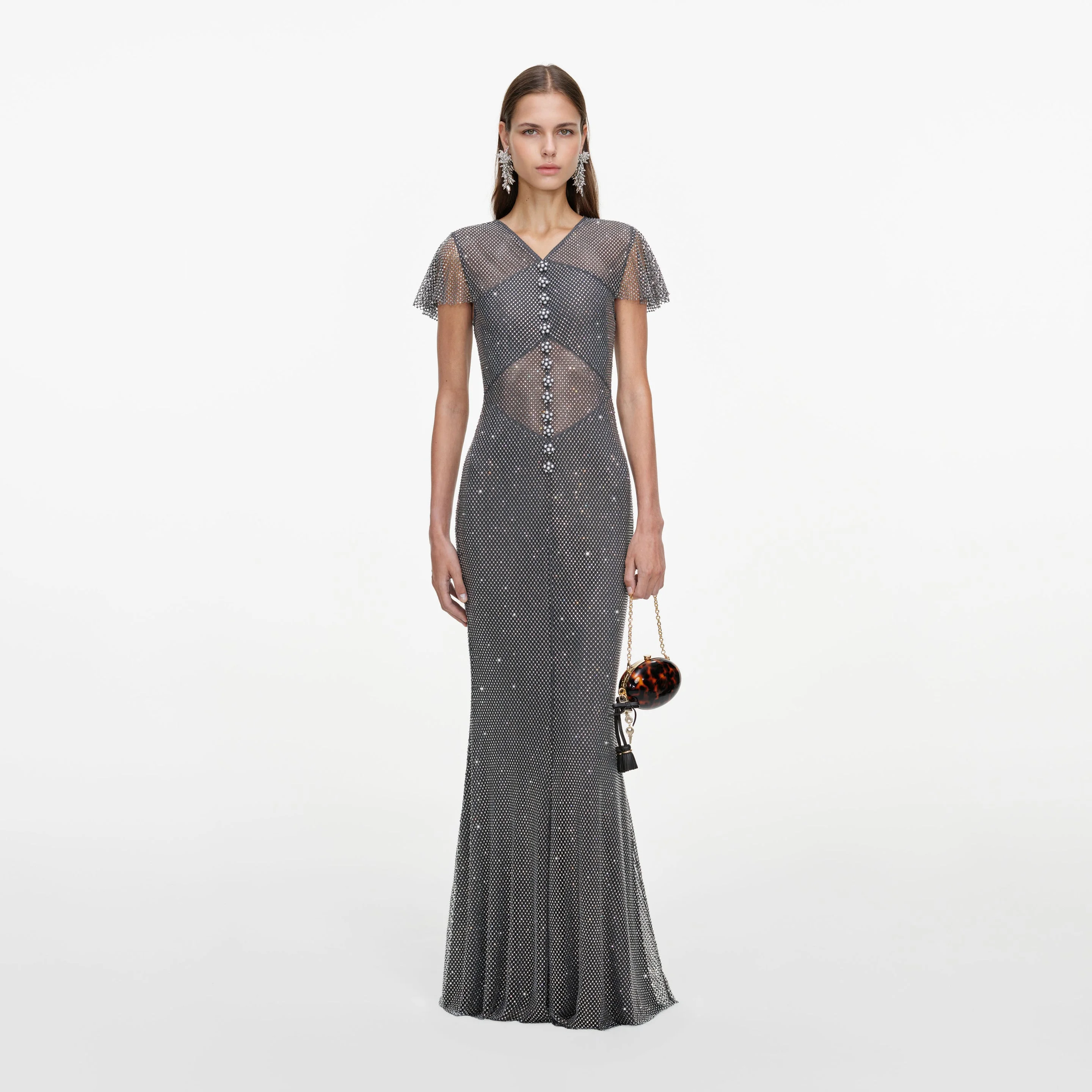 Grey Rhinestone Fishnet Maxi Dress - 1