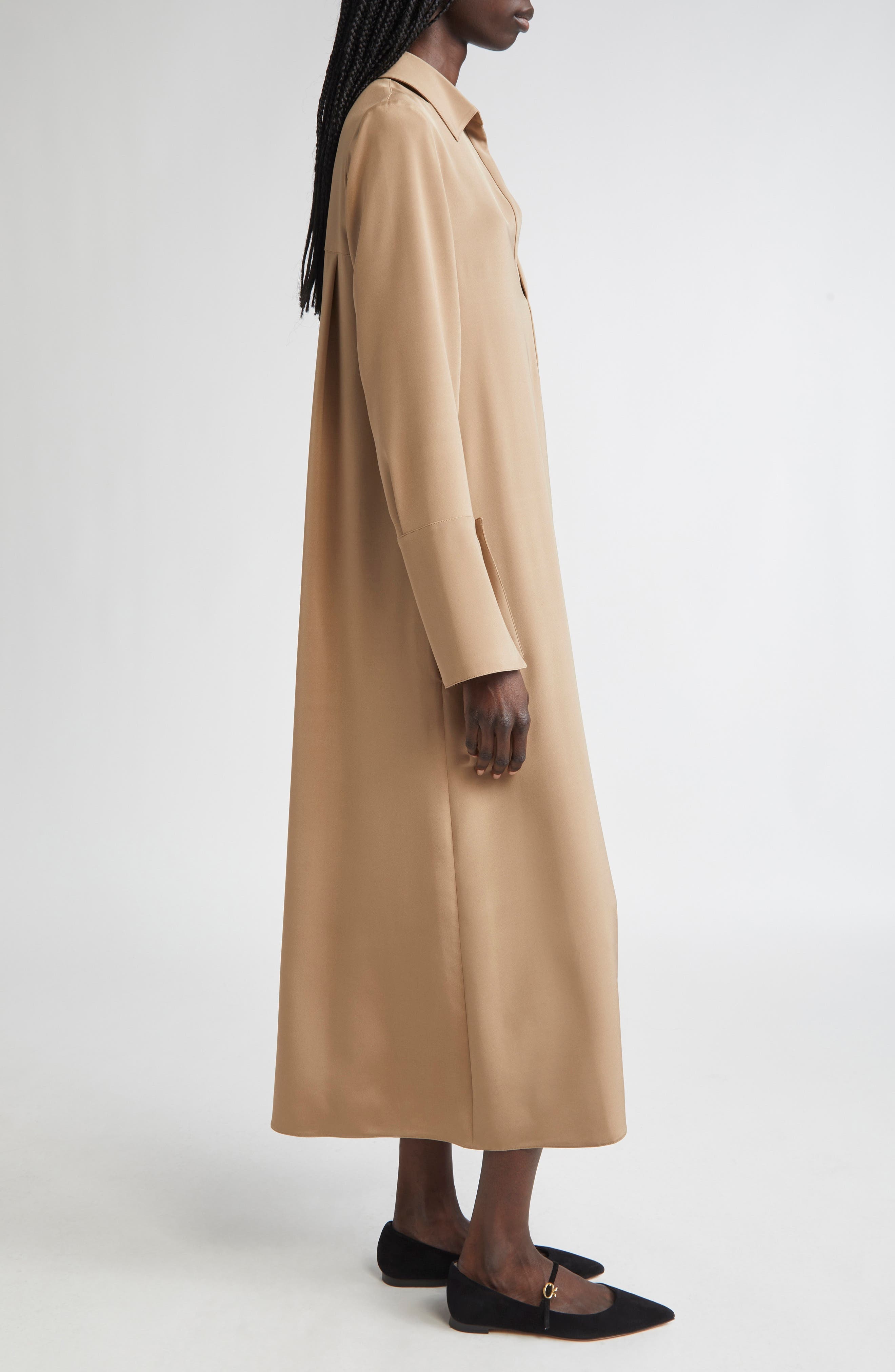 Max Mara Ossola Long Sleeve Silk Stretch Crêpe de Chine Midi Shirtdress in Hazelnut Brown at Nordstr - 3