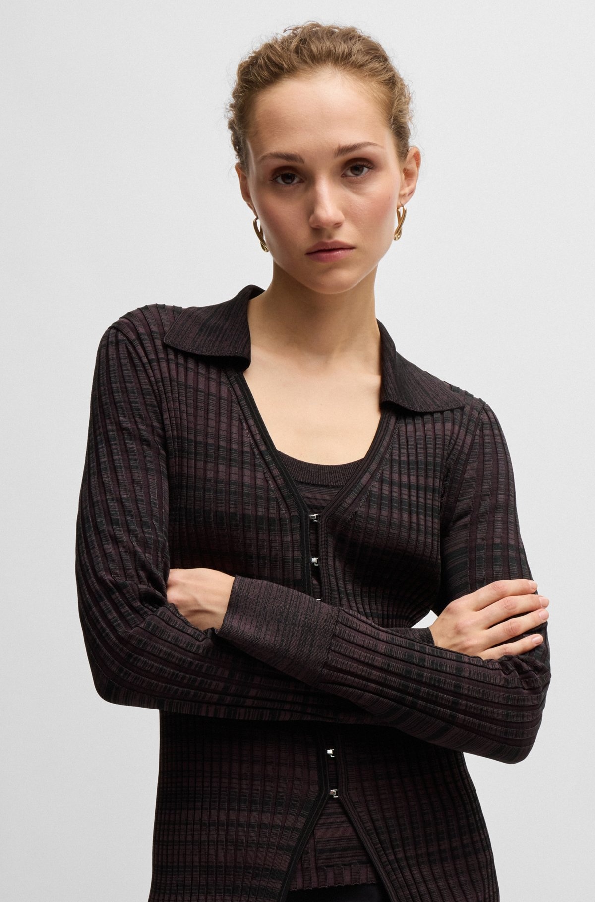 V-NECK CARDIGAN IN RIBBED STRETCH FABRIC WITH COLLAR - 5