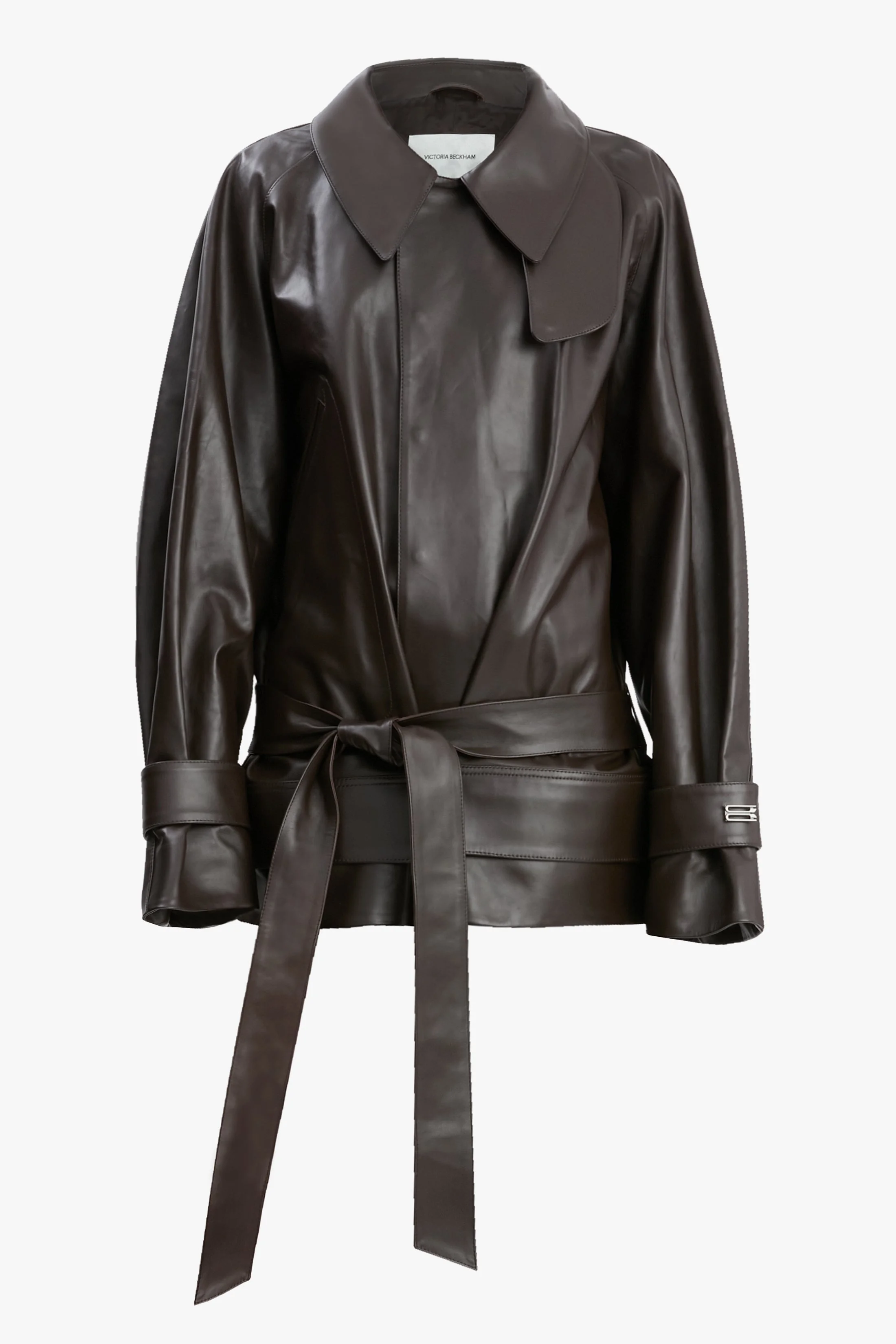 Cropped Belted Leather Trench In Dark Chocolate - 1