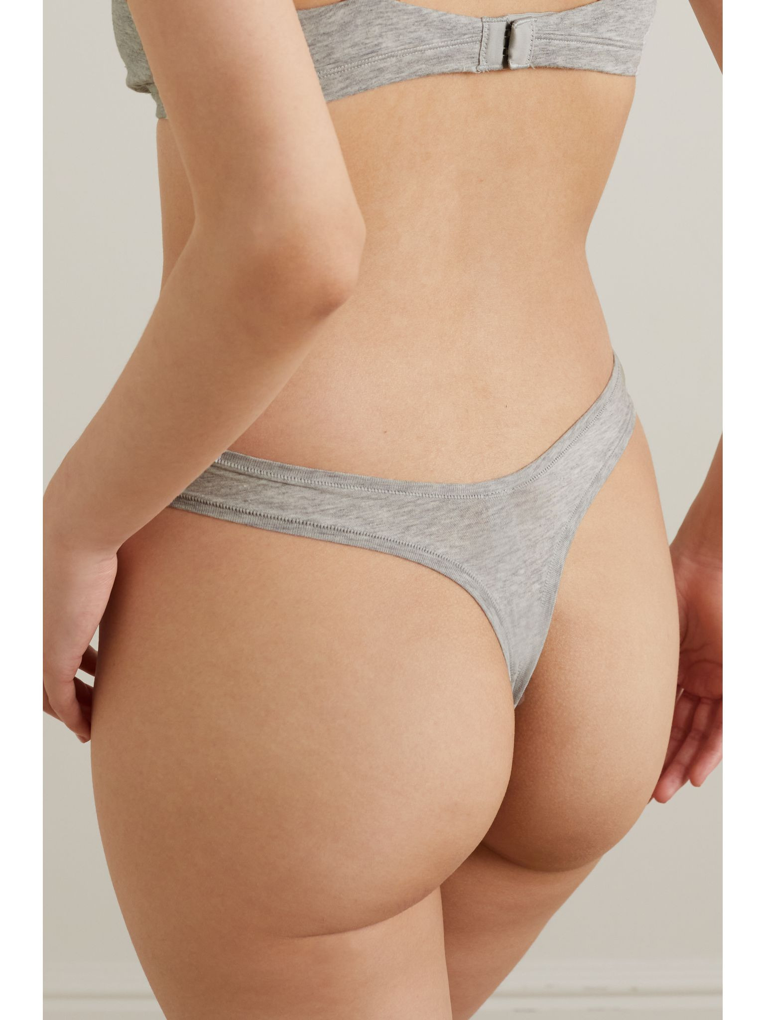 Cotton-Blend Jersey Dipped Thong - Light Heather Grey Gray - 3