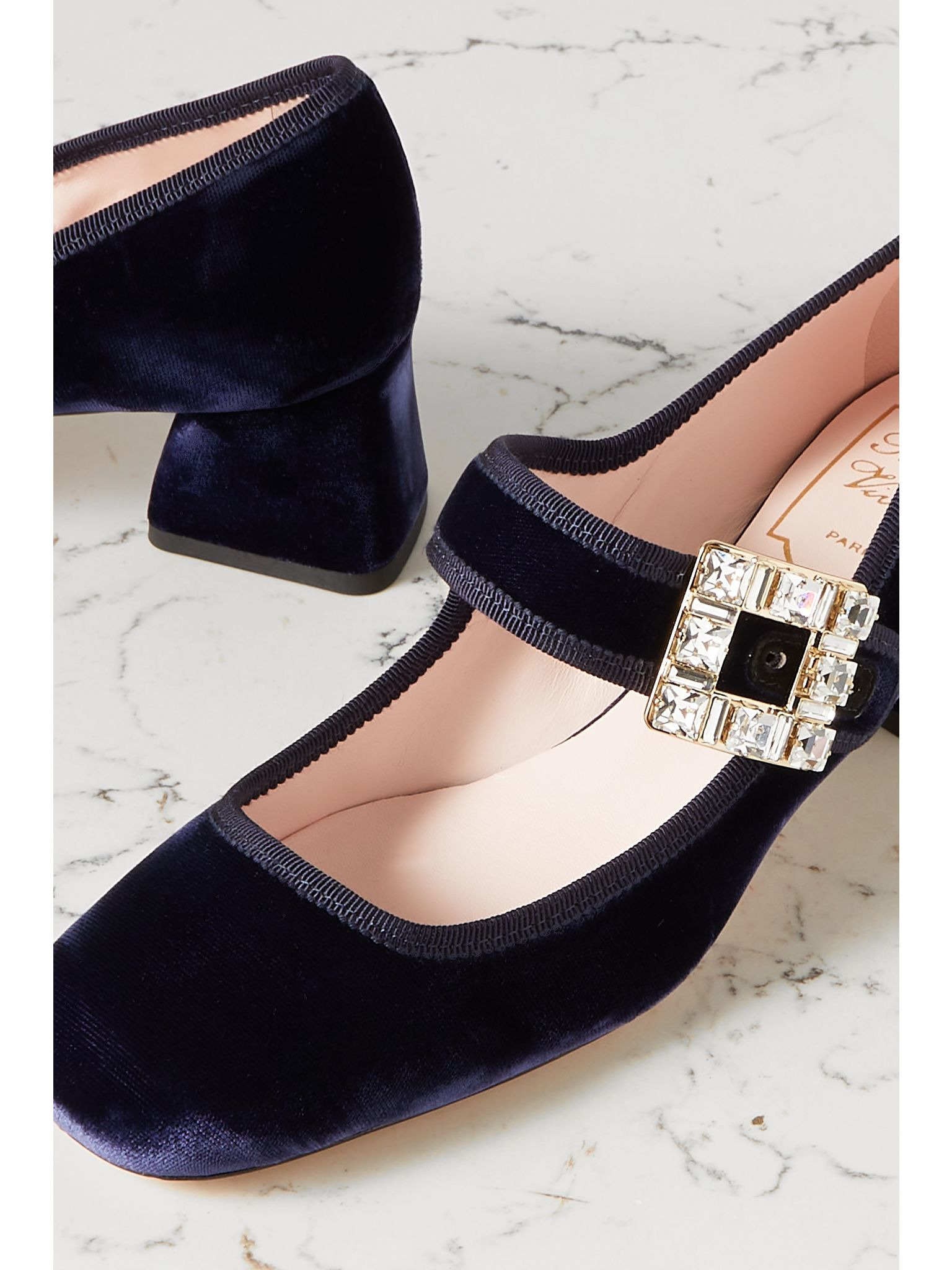 Très Vivier crystal-embellished velvet Mary Jane pumps Navy - 4