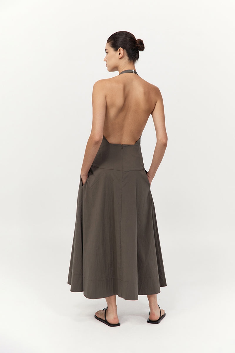 Halter Plunge Dress - Khaki - 3