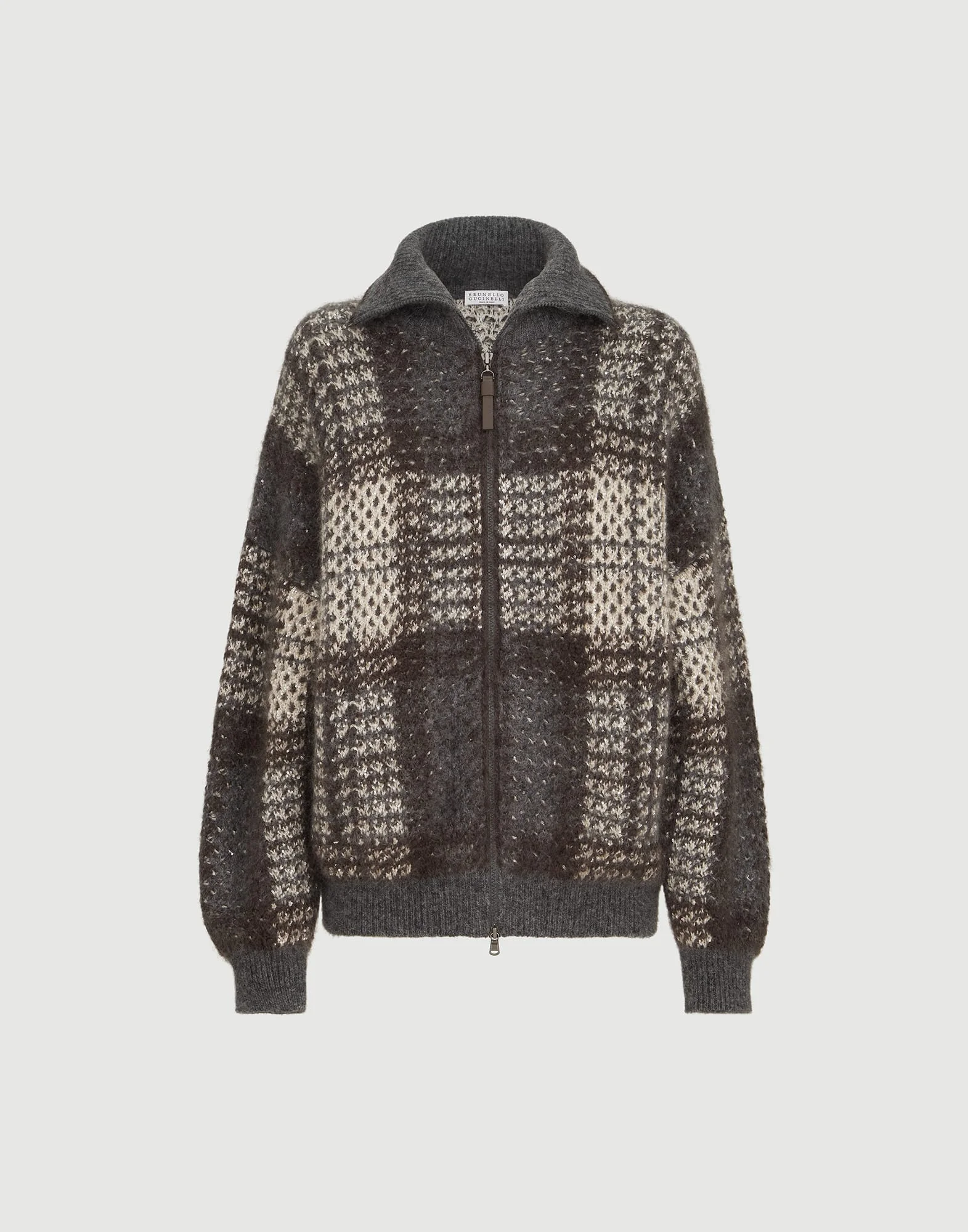 Dazzling tartan double knit outerwear jacket in mohair, virgin wool and cashmere with shiny zipper p - 1