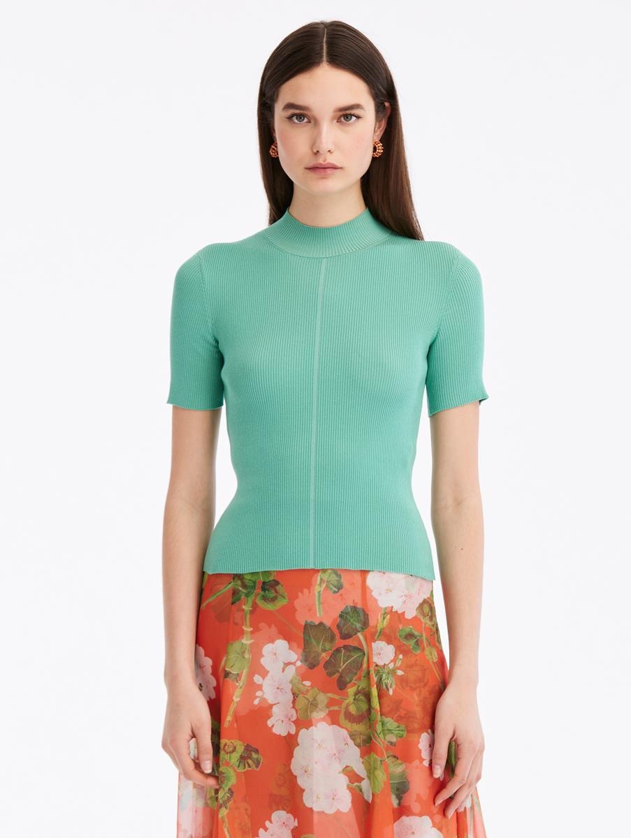 SHORT SLEEVE MOCK NECK RIBBED PULL OVER - 1