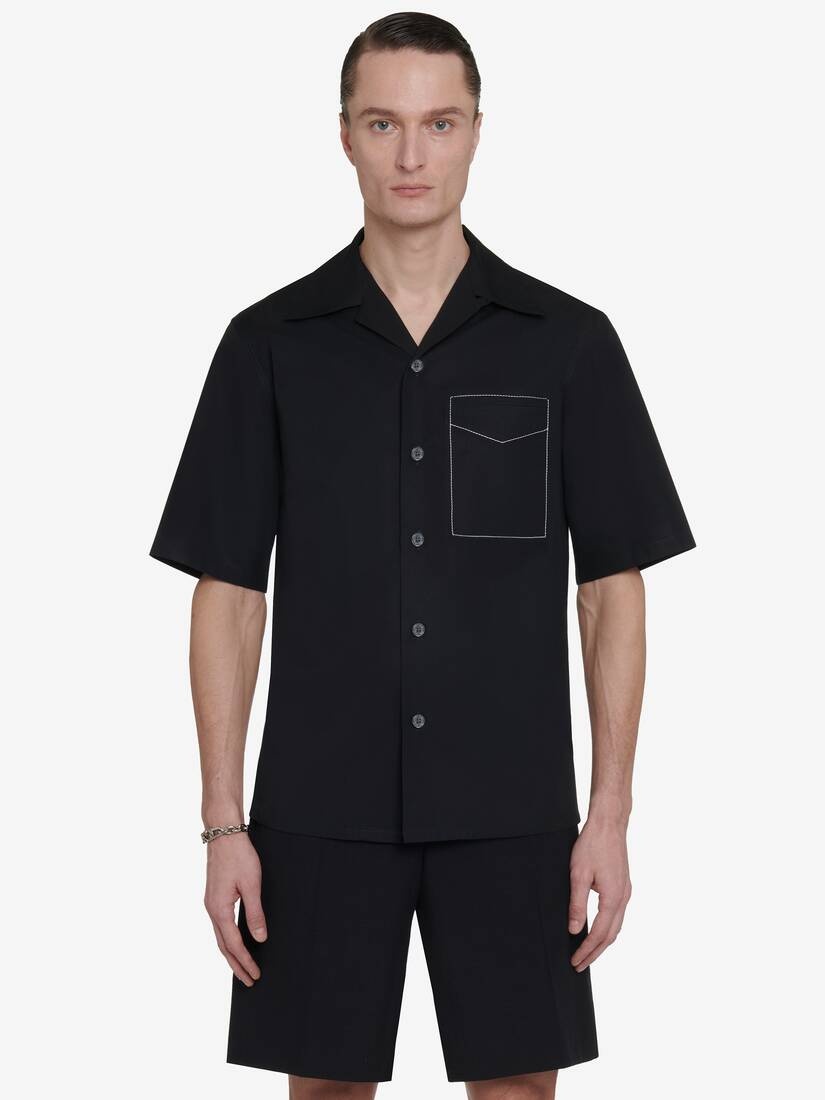 Men's Contrast Stitch Hawaiian Shirt in Black - 1