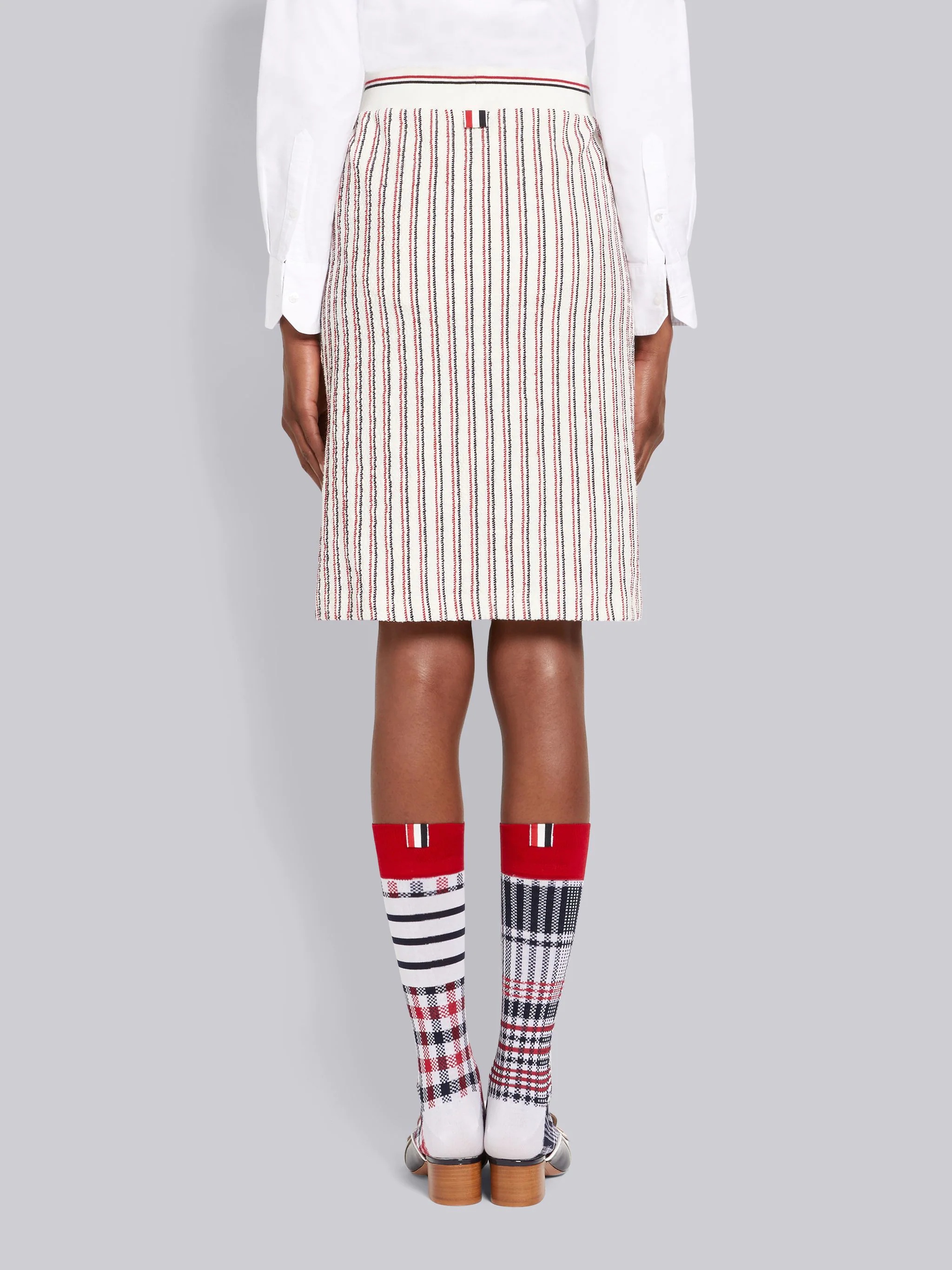 Multicolor Textured Stripe Cotton Tweed Button Placket Knee Length Skirt - 3