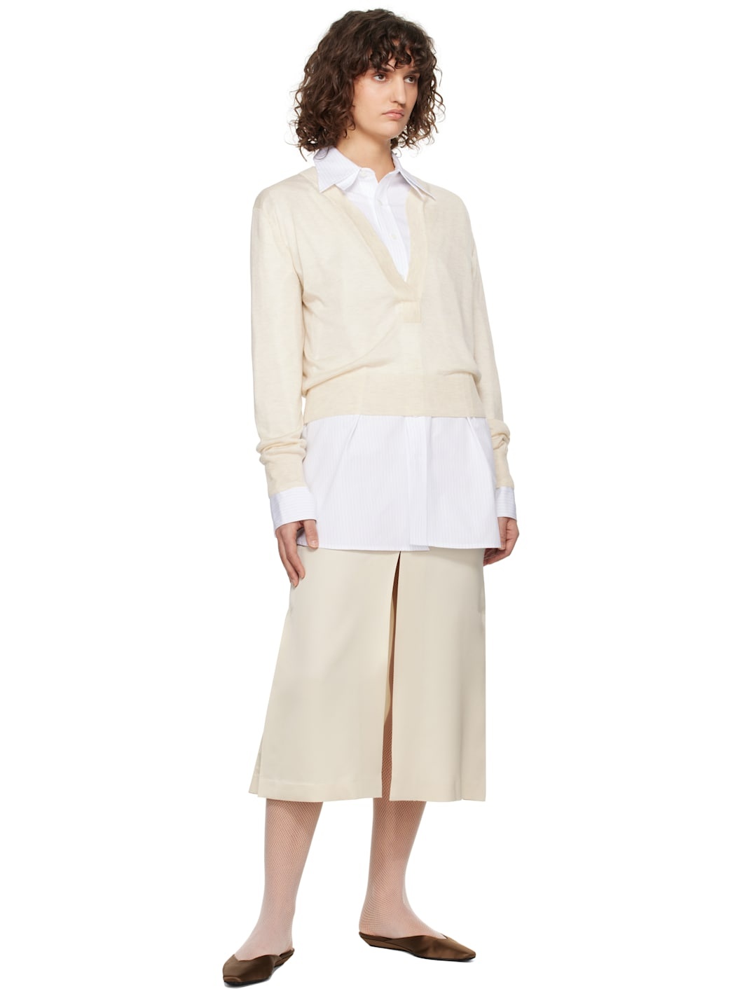 Off-White Deep Henley Neck Sheer Knit Sweater - 4