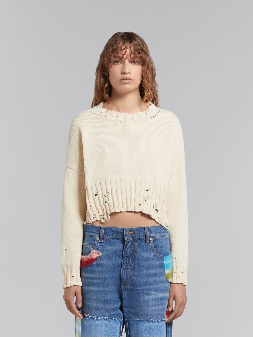 WHITE COTTON CROPPED SWEATER - 2