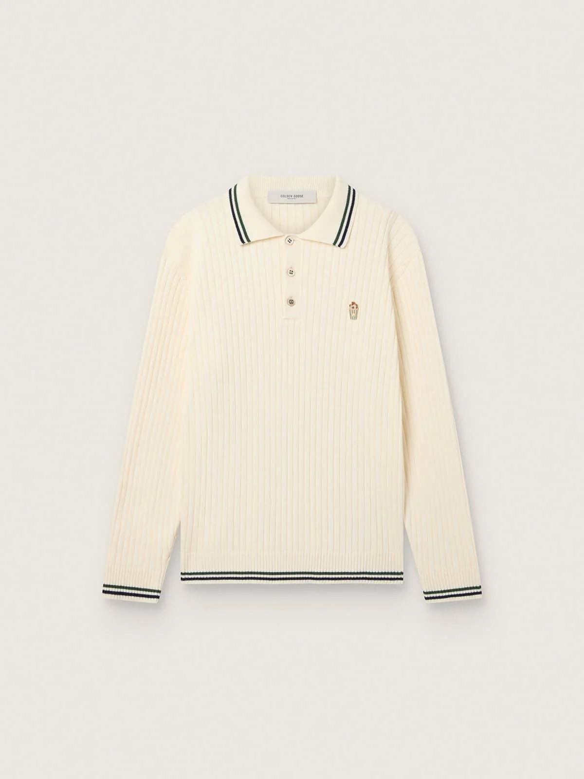 Men’s long-sleeved polo shirt in white knit with contrasting edges and removable pin - 1