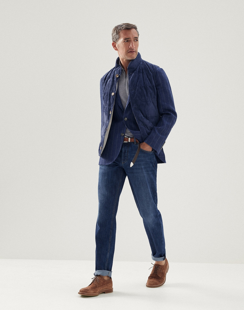 Brunello Cucinelli Linen, wool and silk chalk stripe deconstructed blazer with large peak lapels outlook