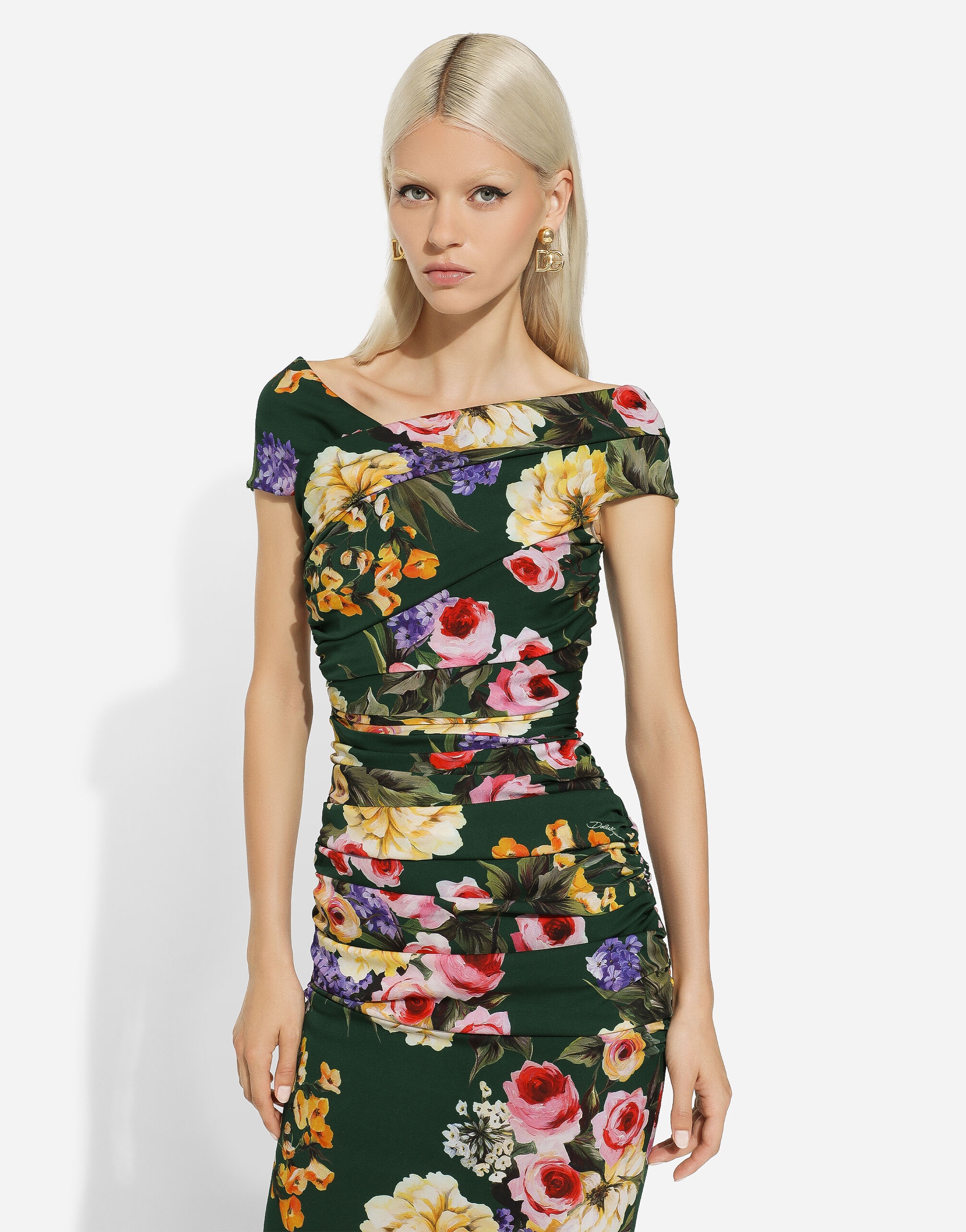 Charmeuse draped sheath dress with garden print - 4