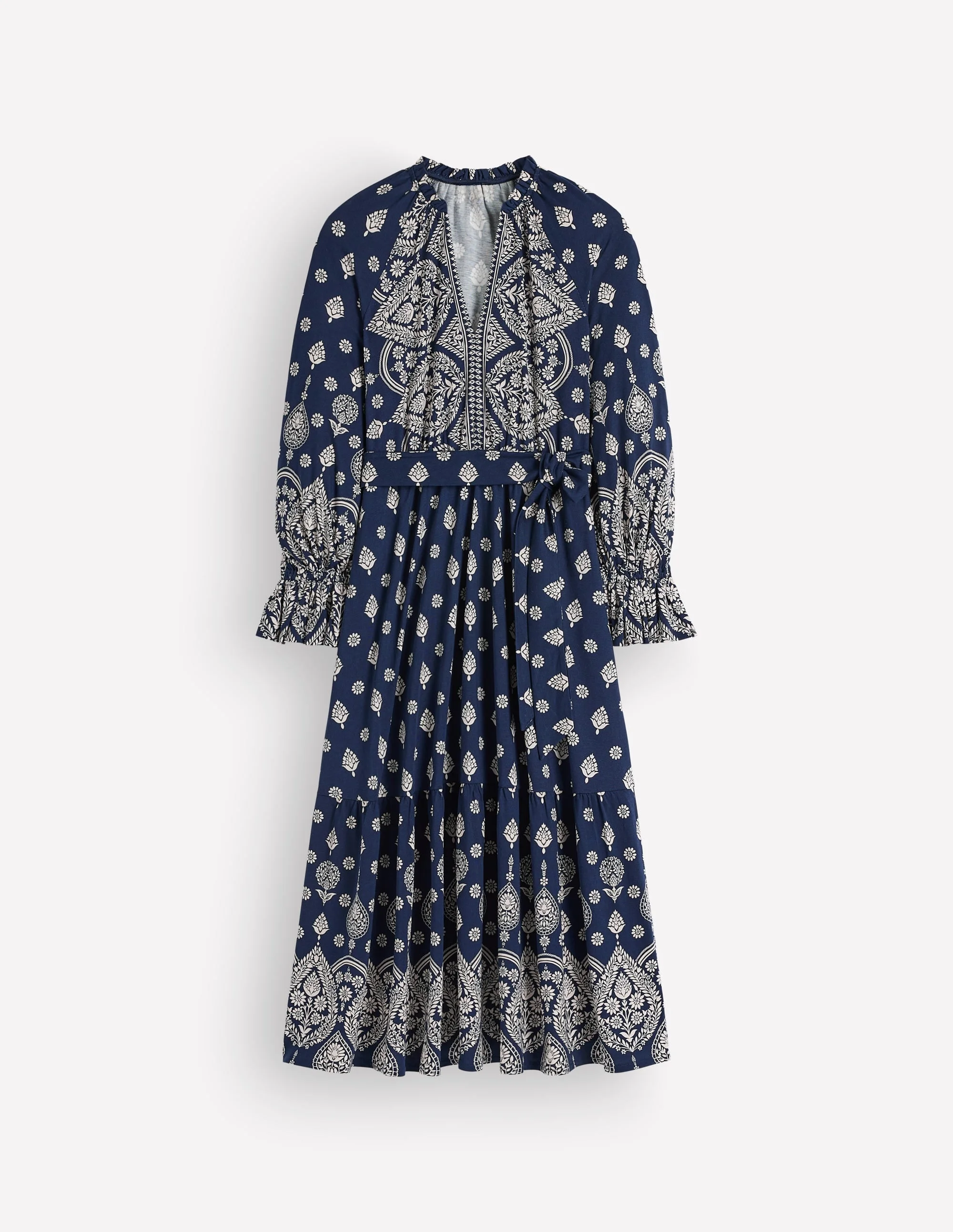 Blouson Tiered Jersey Dress-French Navy, Ornate Gardenia - 1