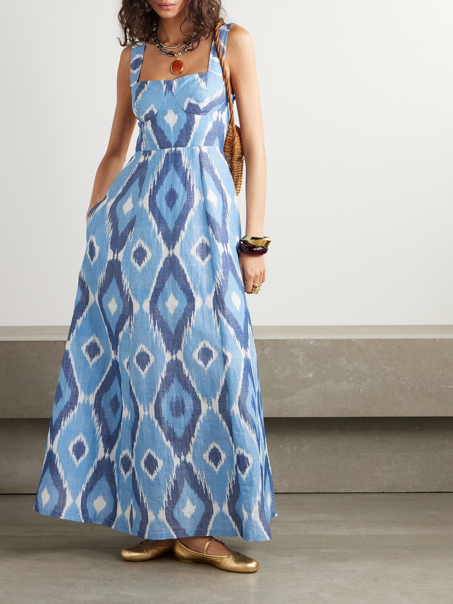 Azzurra open-back printed hemp and cotton-blend maxi dress Blue - 2