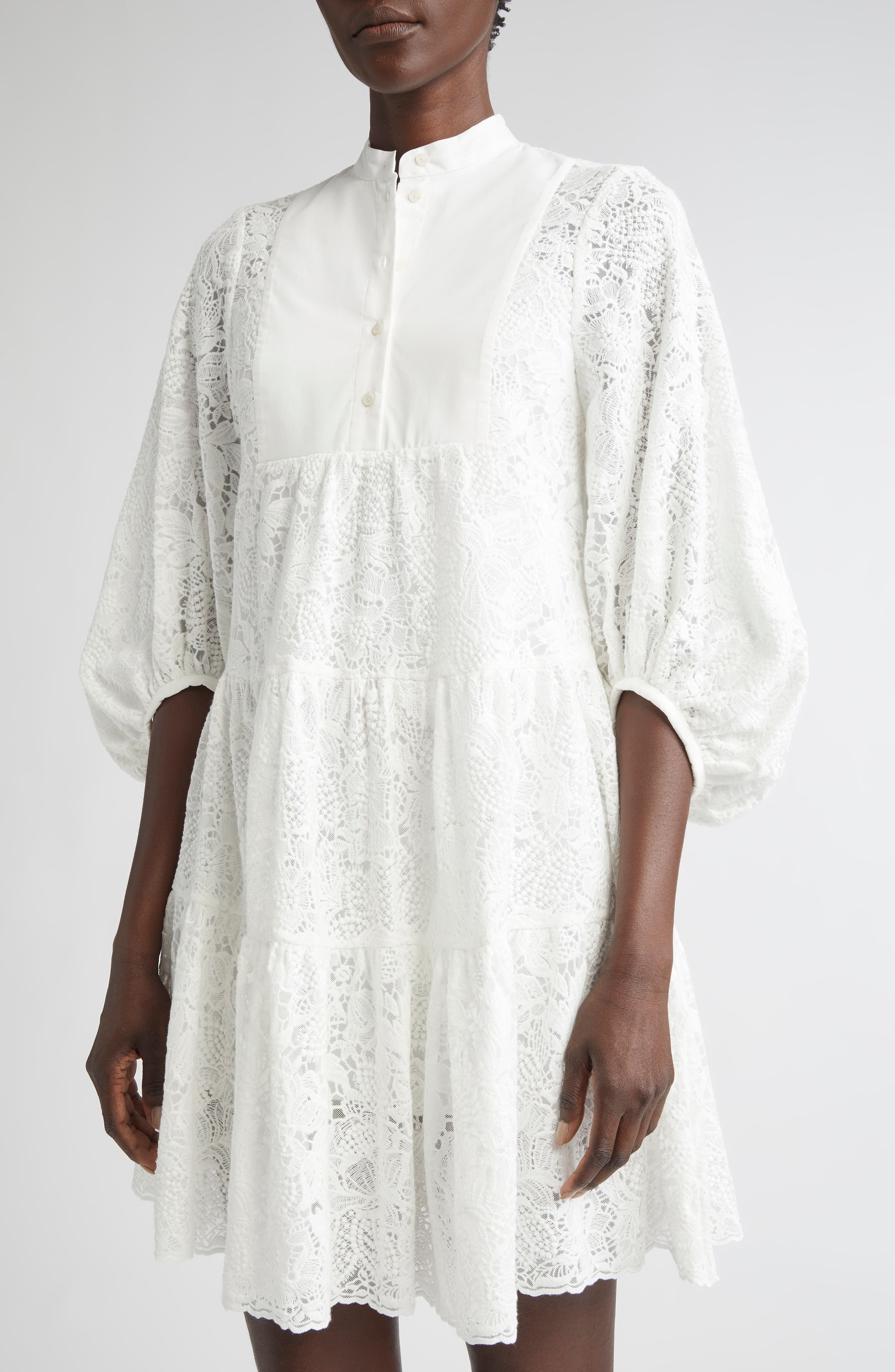 Erdem Long Sleeve Tiered Lace Minidress in Ivory at Nordstrom - 4