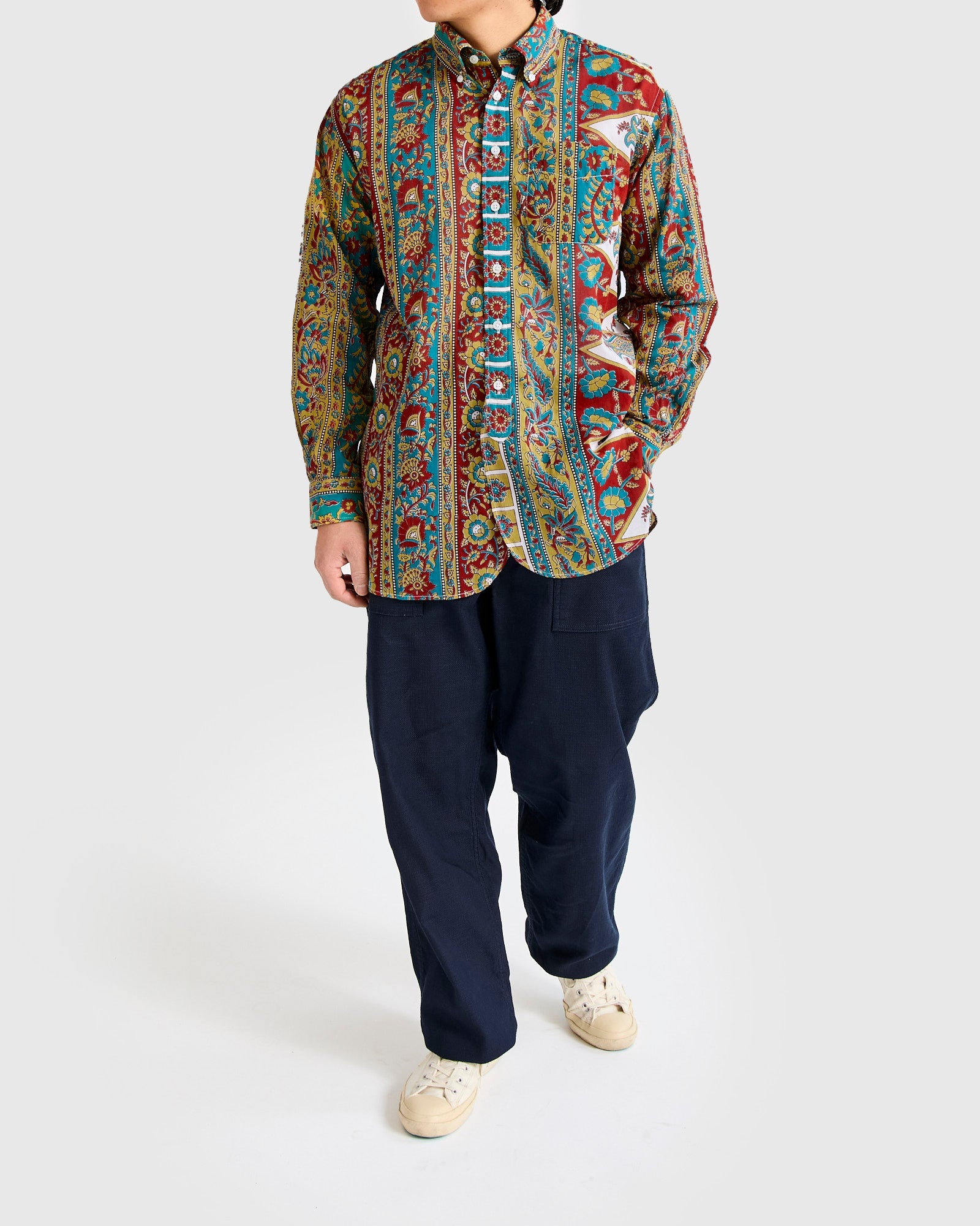 19th Century Button-Down Shirt in Jade Khaki Floral Stripe - 9