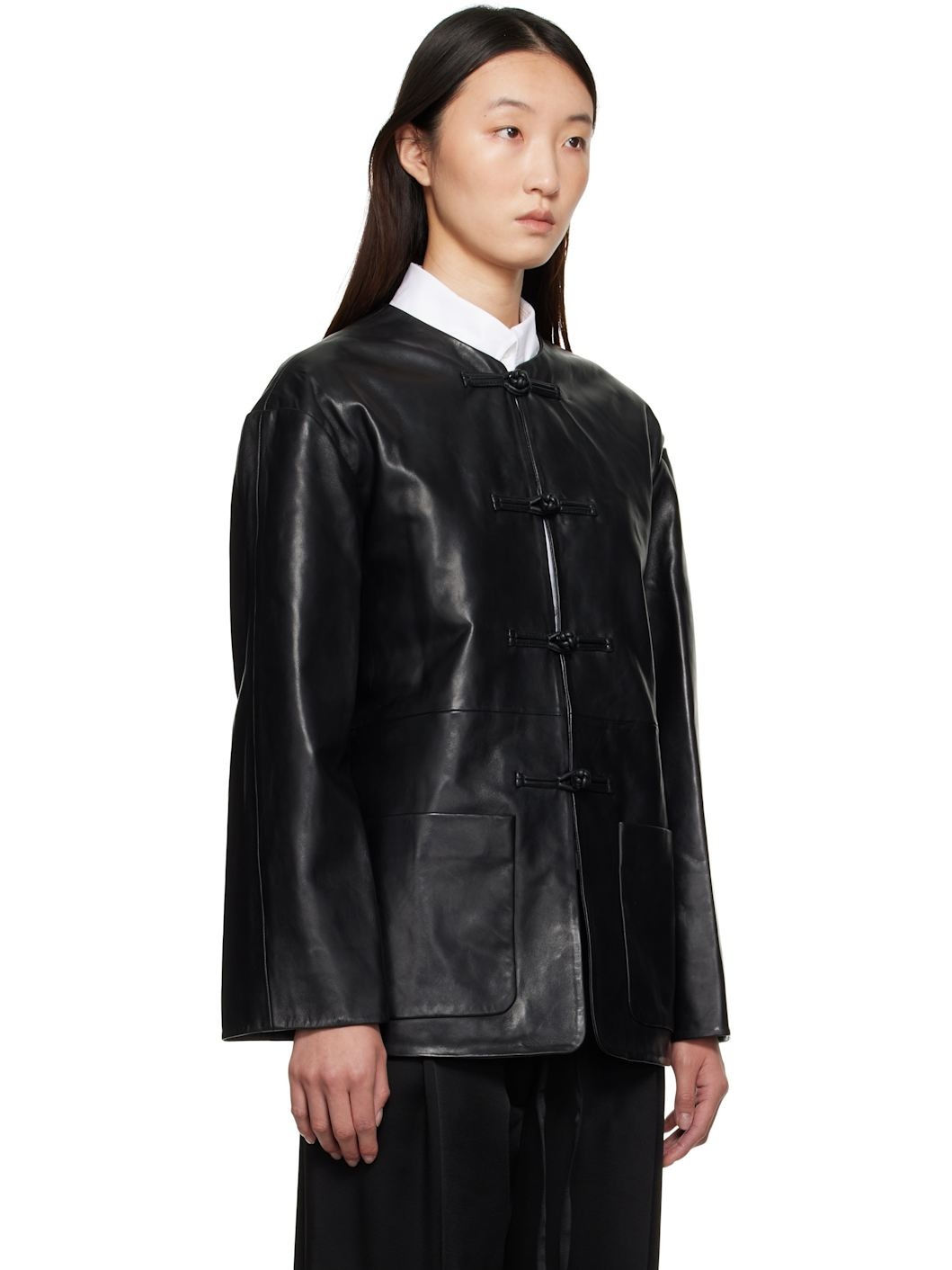 Black Mandarin Leather Jacket - 2
