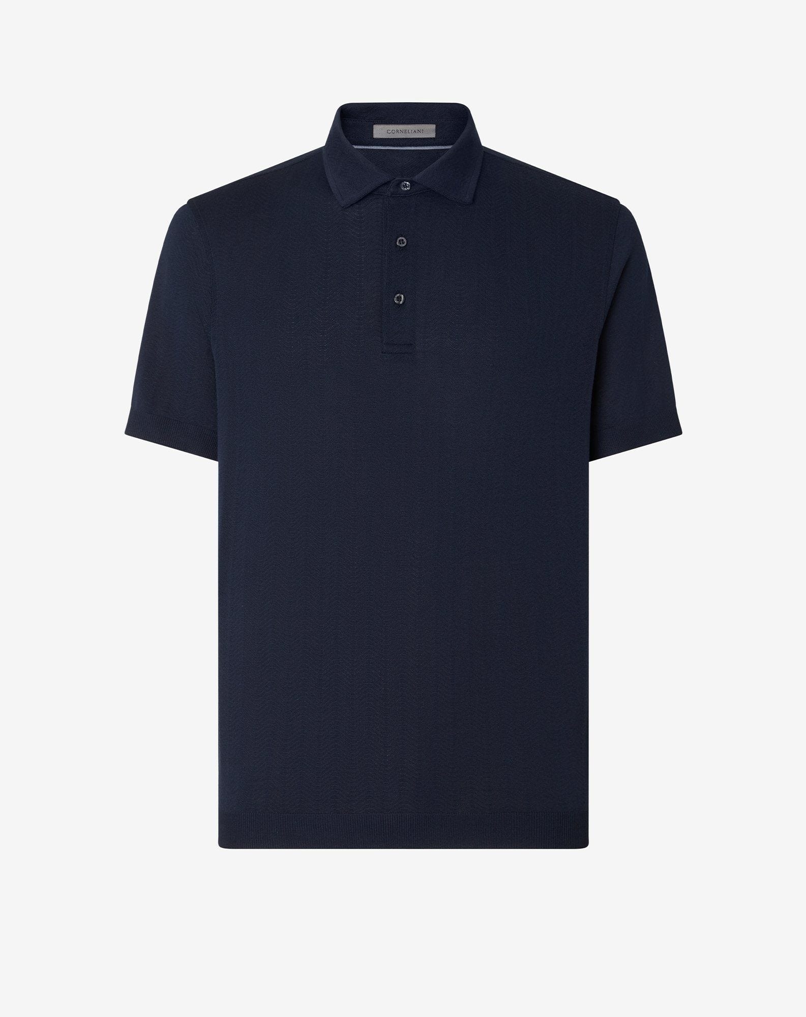 Navy blue button-up lisle thread polo shirt - 1
