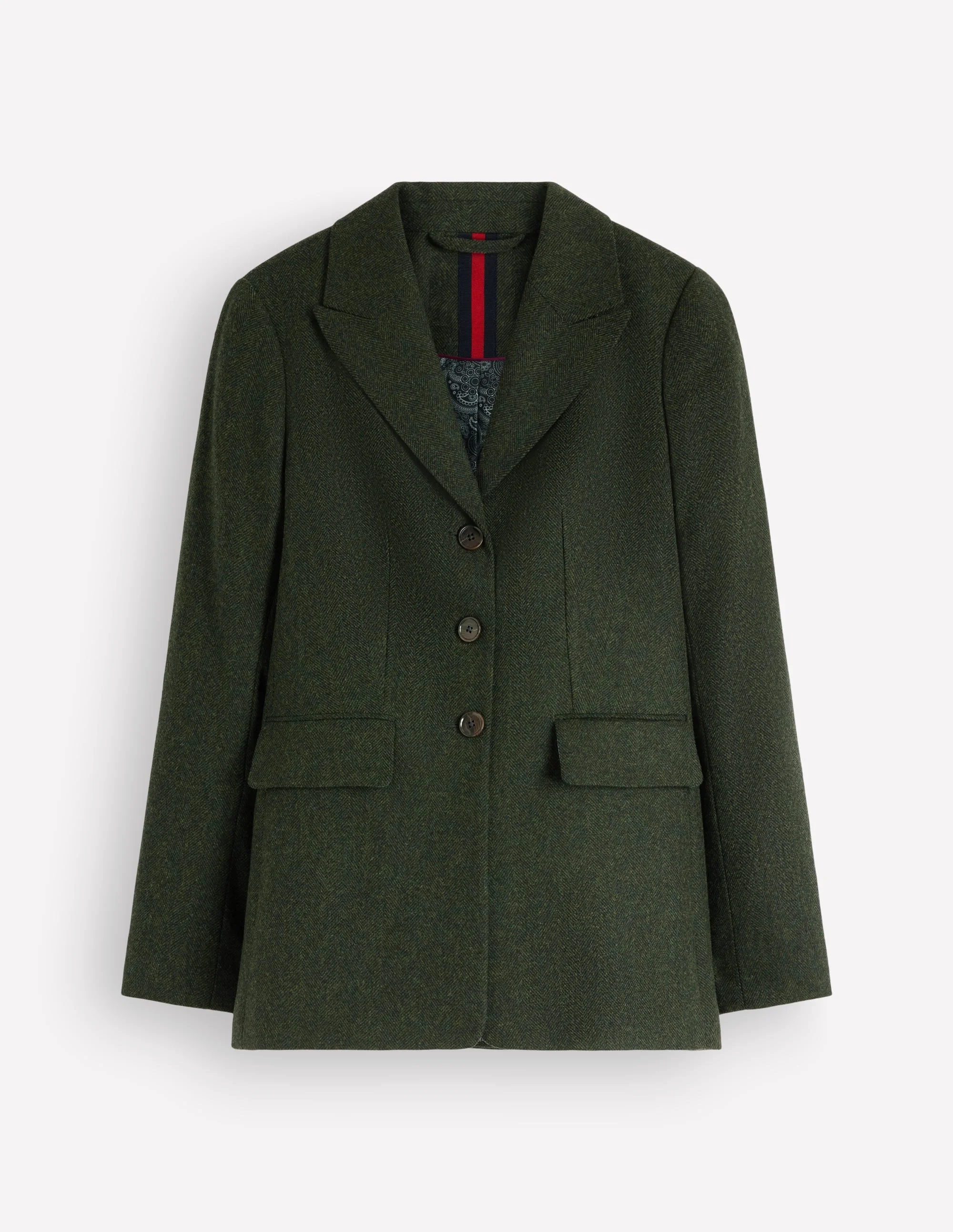 Longline Wool Button Blazer-Dark Green Herringbone - 1
