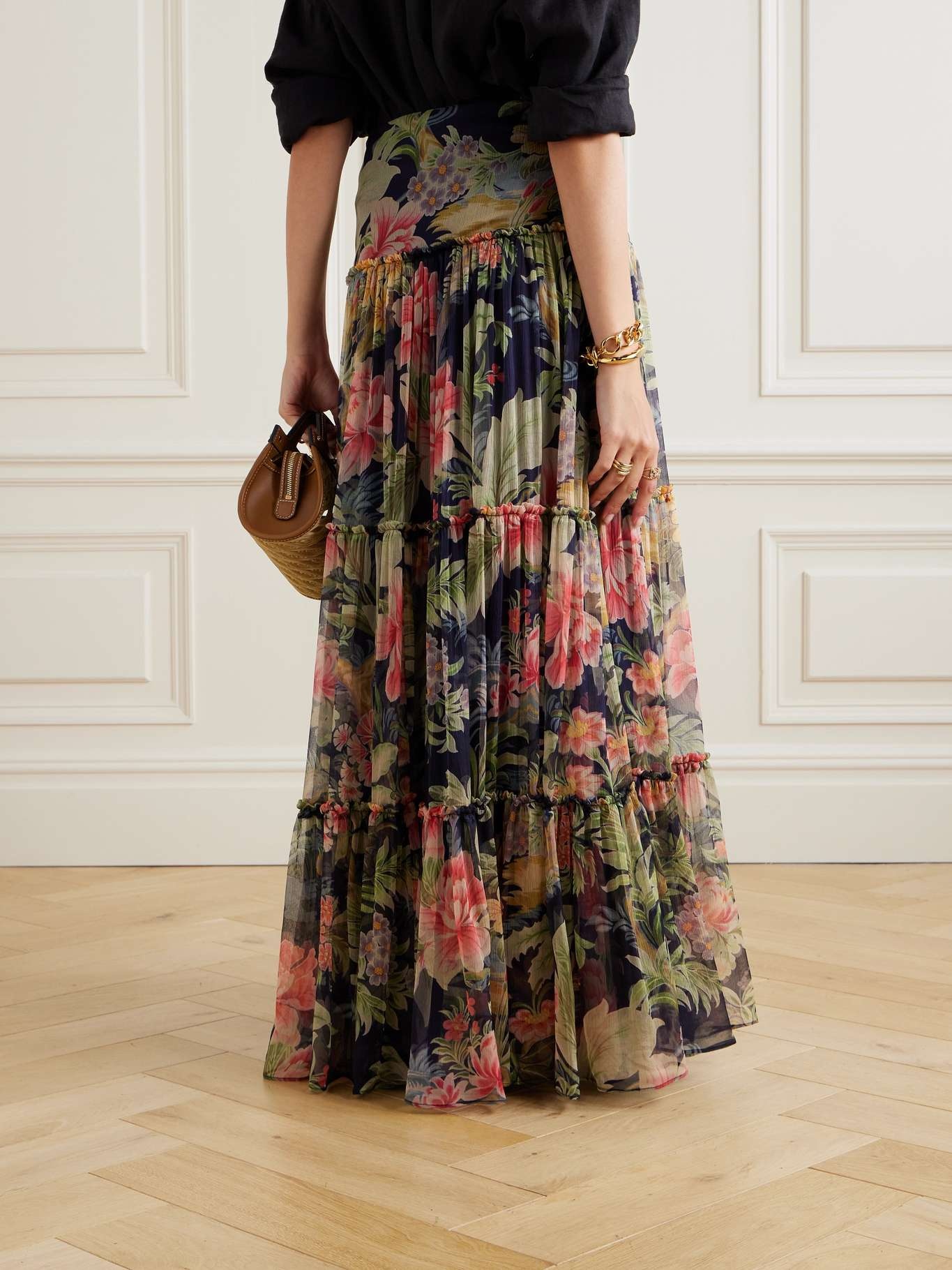 Tiered gathered floral-print silk-crepon maxi skirt - 3