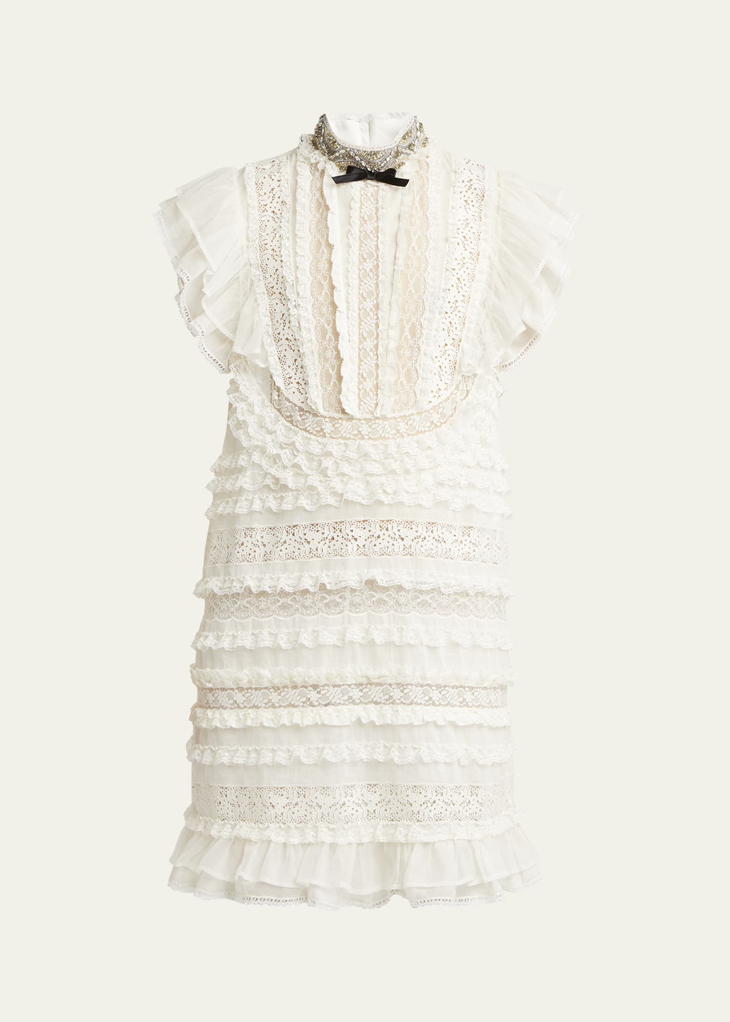 Crystal Neckline Ruffle Bow Linen Dress - 1