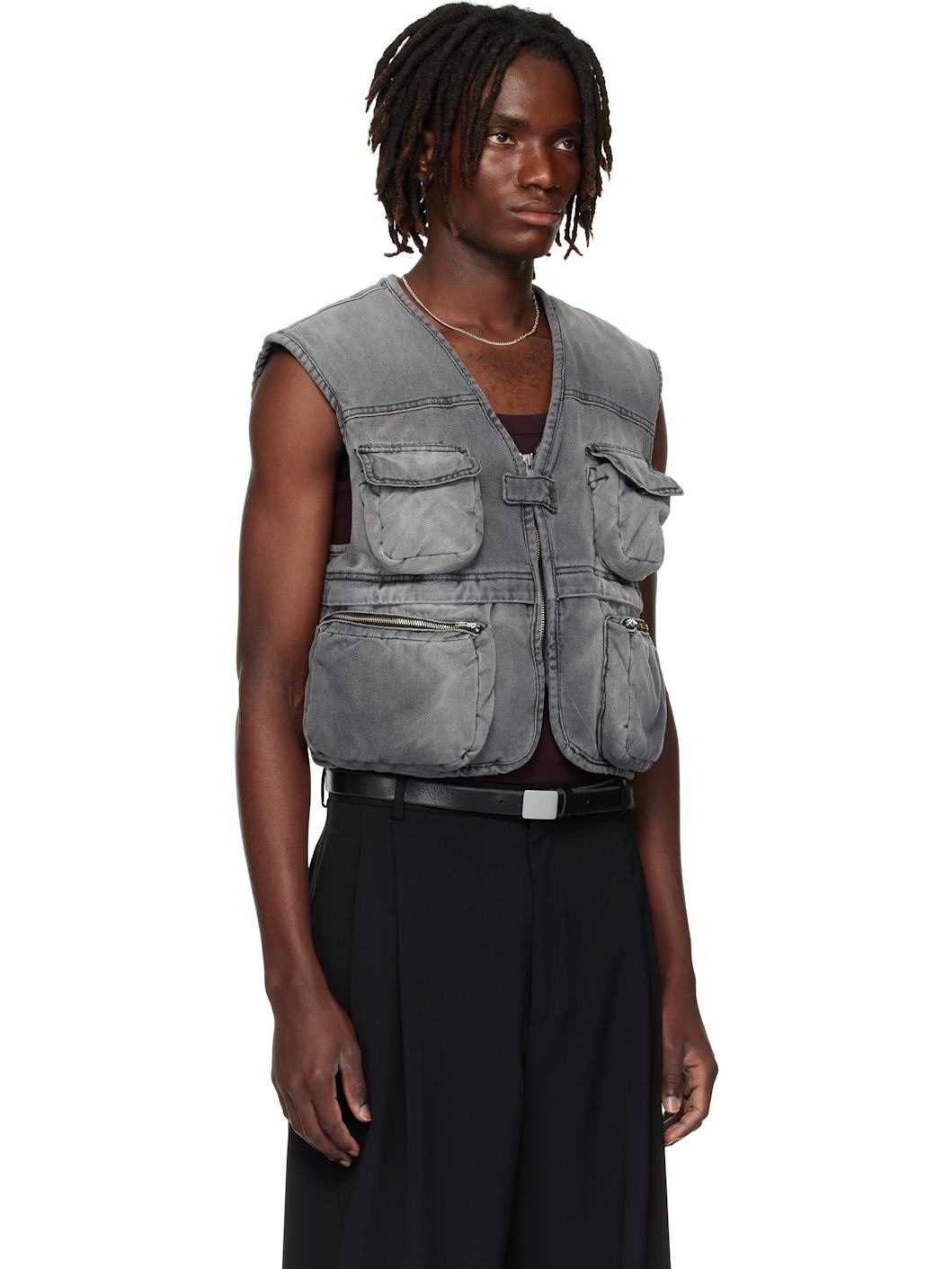 Gray Wadded Denim Cargo Vest - 2
