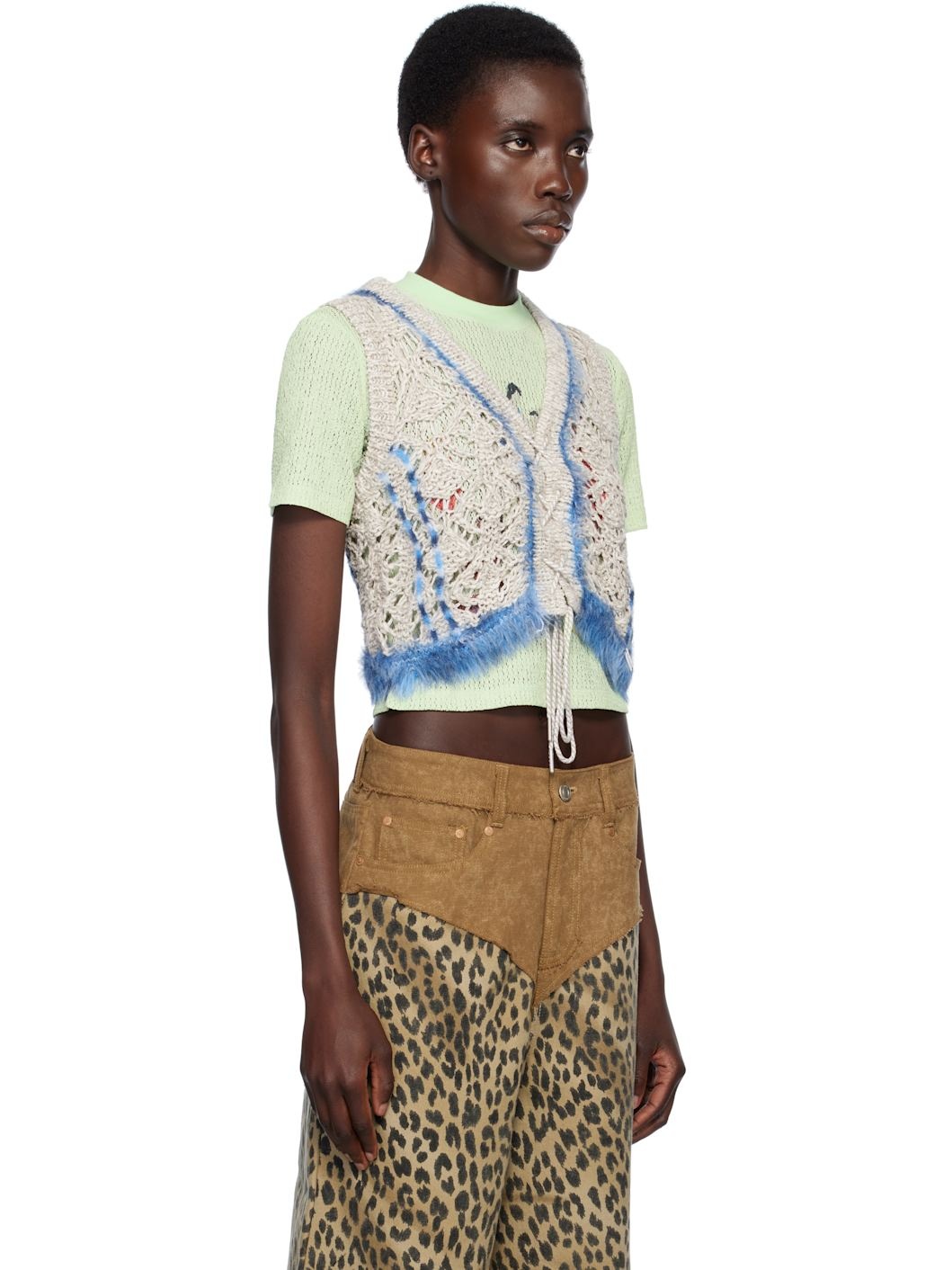 Beige Western Lace-Up Knit Vest - 2