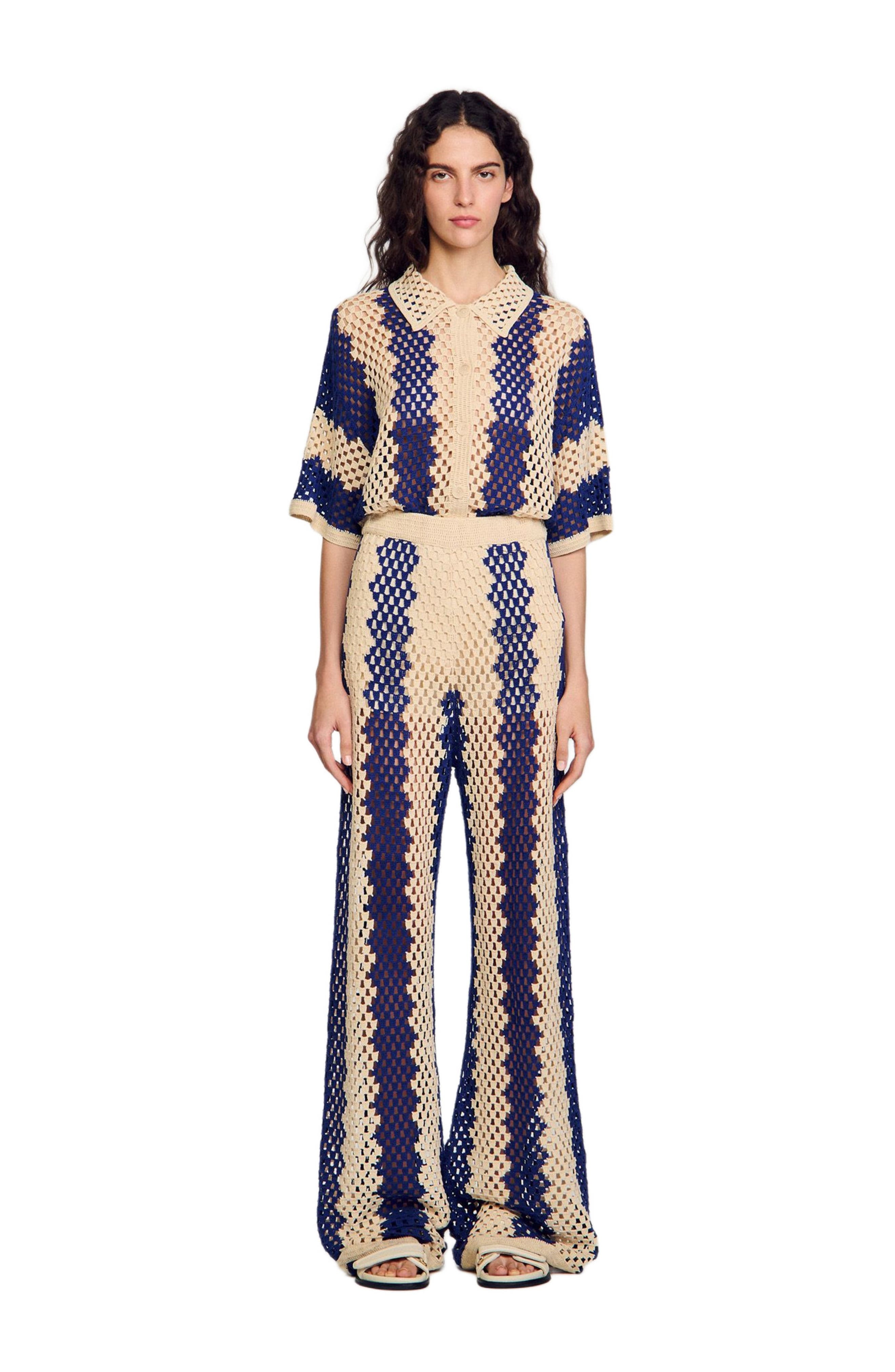 SANDRO Two-tone open weave trousers in Blue /Ecru at Nordstrom - 6