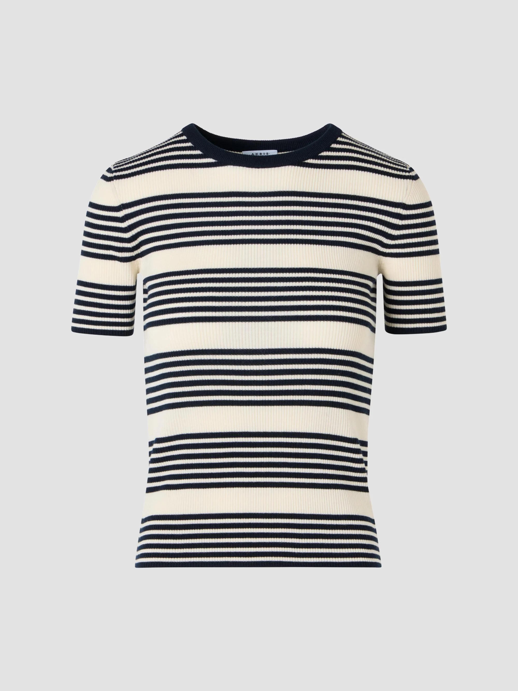 Women's Rib-Knit Wool T-Shirt - Navy Cream - 1