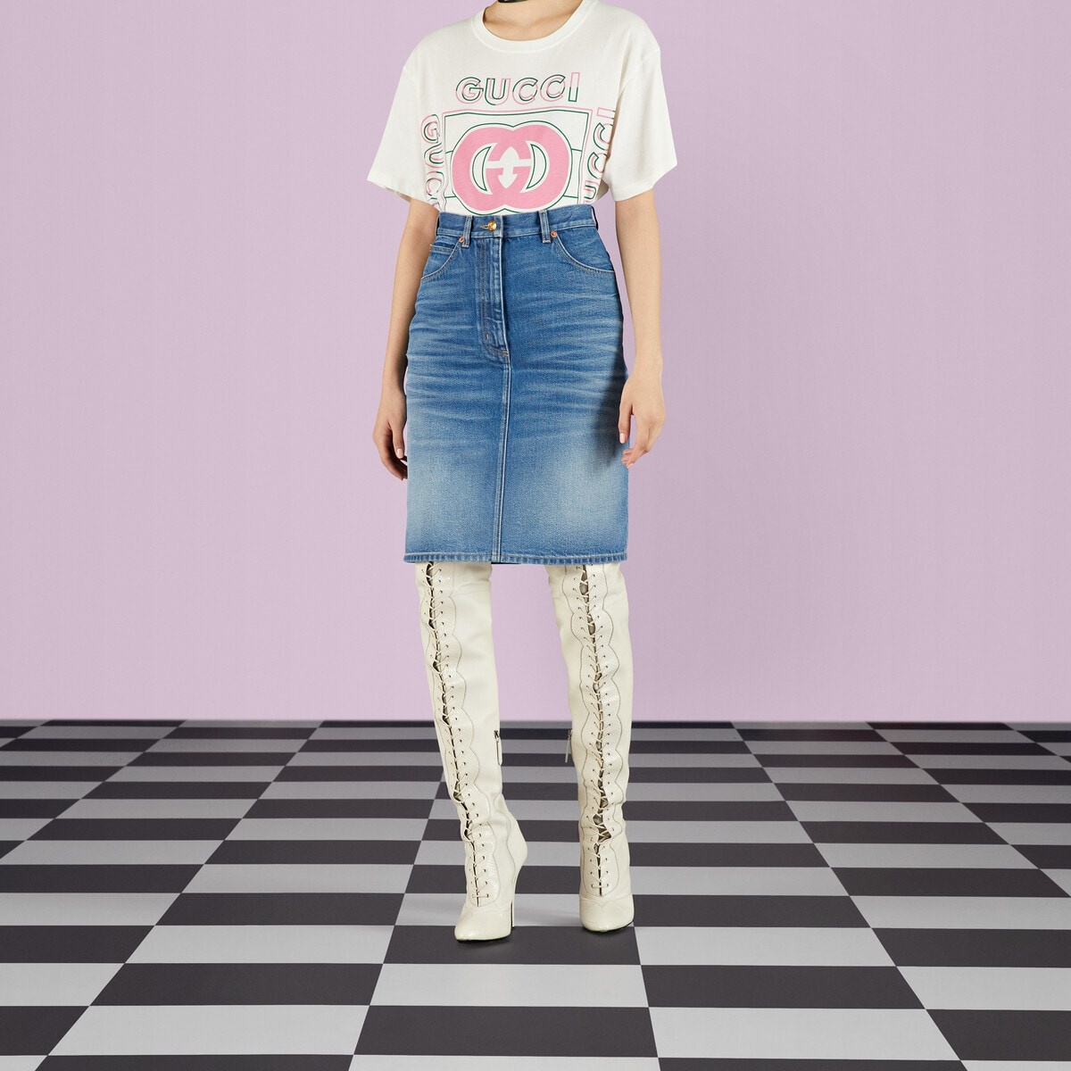 Denim skirt with Gucci label - 6