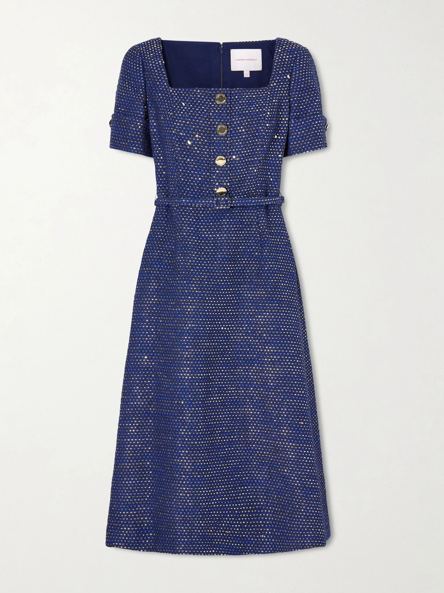 Belted metallic cotton-blend tweed midi dress Navy - 1