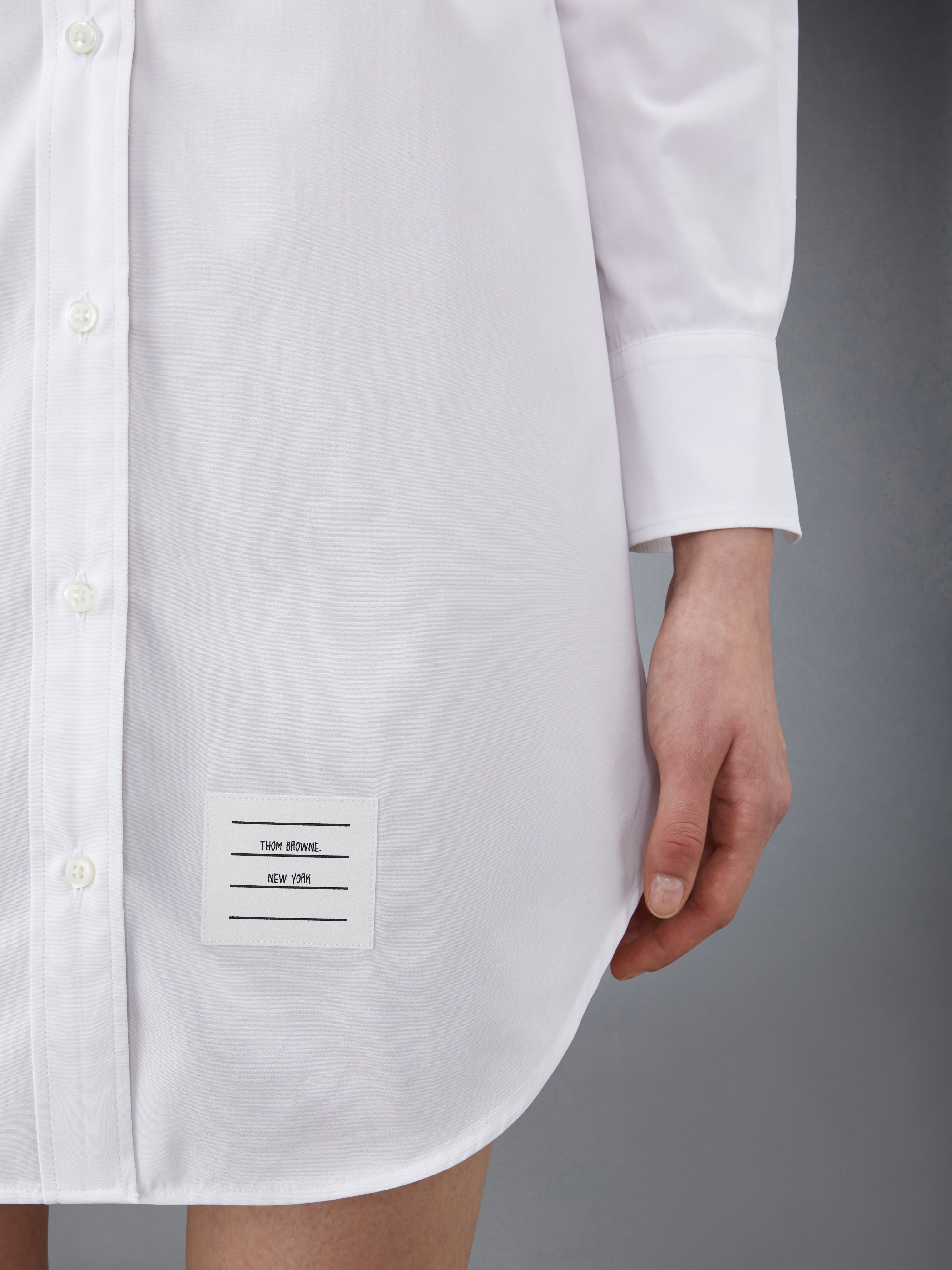 White Solid Poplin Stripe Grosgrain Placket Thigh Length Point Collar Shirtdress - 8