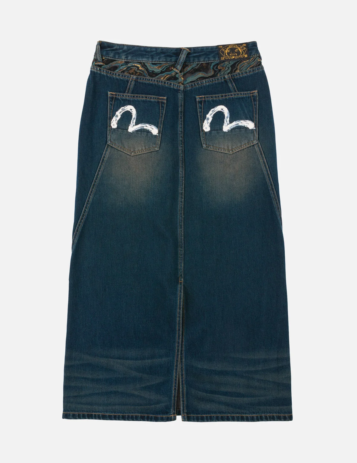 Water-marble Brocade Denim Maxi Skirt - 1
