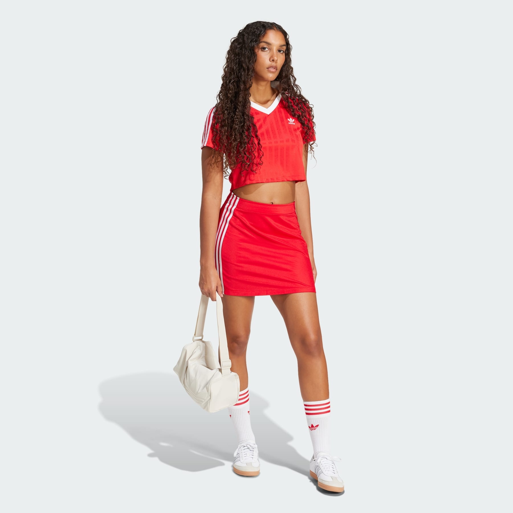 ★ adidas★ Football Jacquard V-Neck Crop Polo Shirt Red JD Women's adidas Originals adicolor Football Jacquard V-Neck