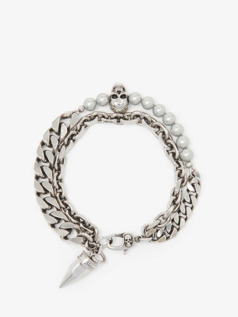 Men's Pearl And Skull Stud Bracelet in Antique Silver - 3