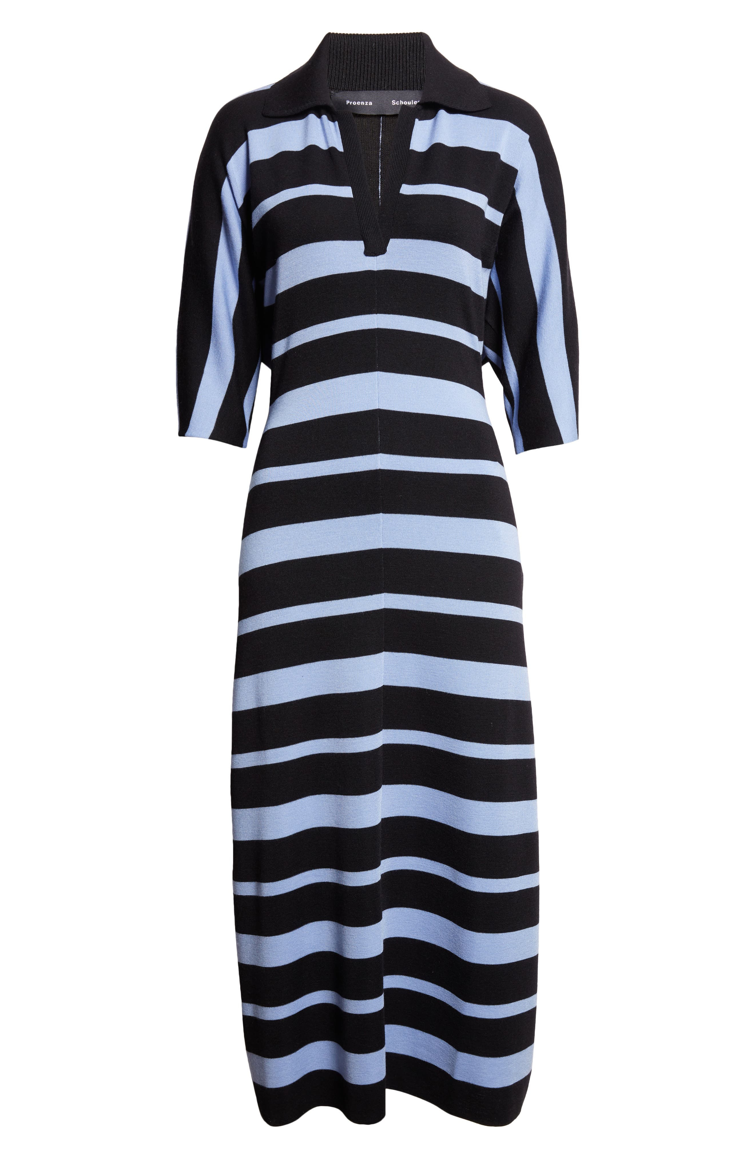 Proenza Schouler Solana Stripe Merino Wool & Silk Midi Polo Dress in Black Multi at Nordstrom - 5