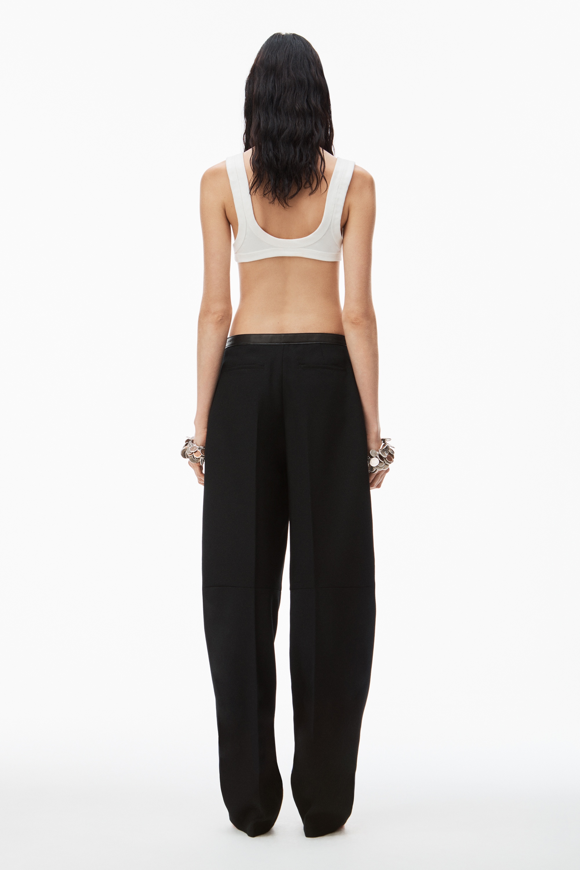 WOOL CANVAS LOW WAIST TROUSER WITH LEATHER BELTED WAISTBAND - 5