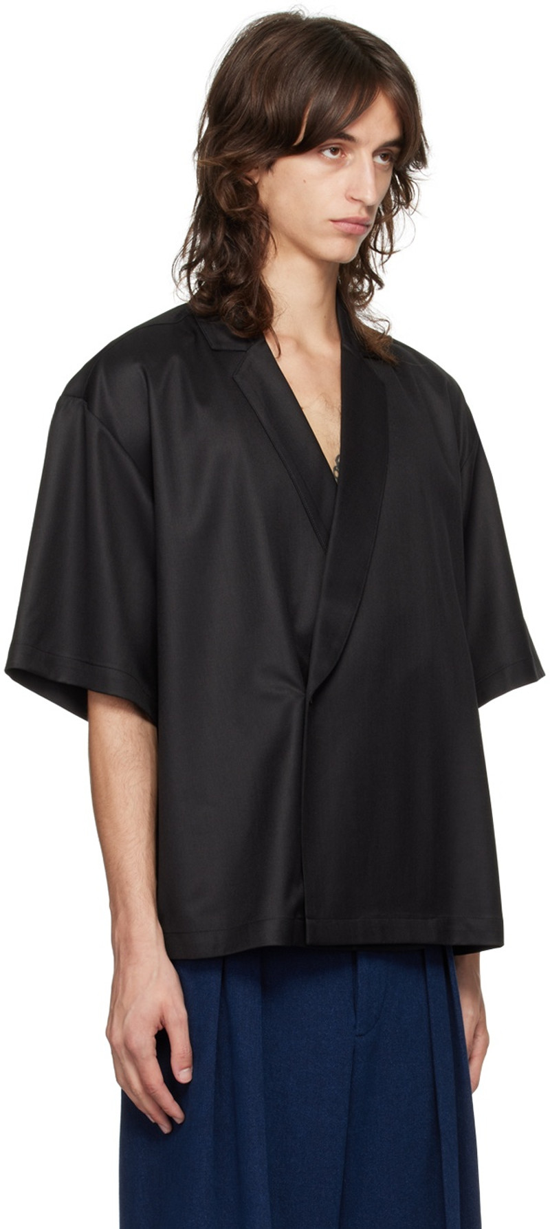 KING & TUCKFIELD Black Notch Collar Wrap Shirt outlook