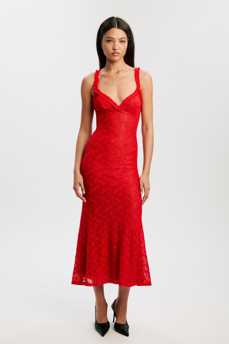 BARDOT Alegra Stretch Lace Midi Dress In Fire Red outlook
