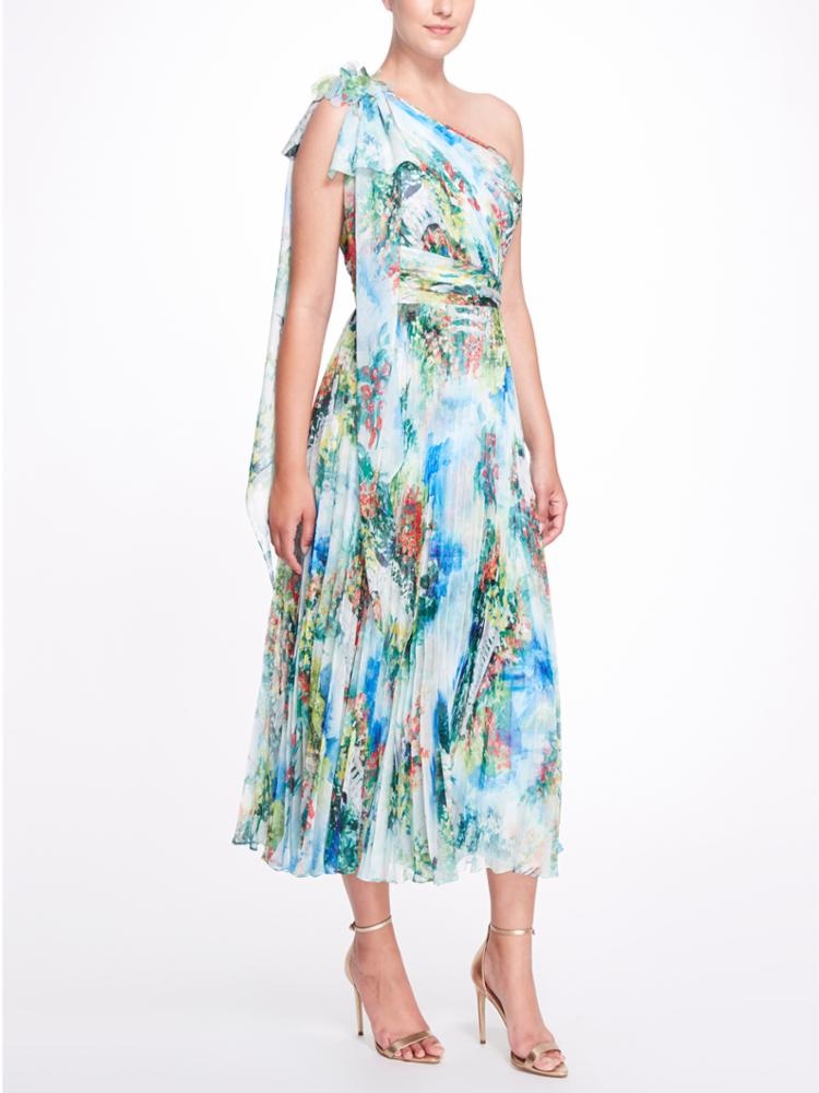 ONE SHOULDER PRINTED CHIFFON PLEATED DRESS - 1