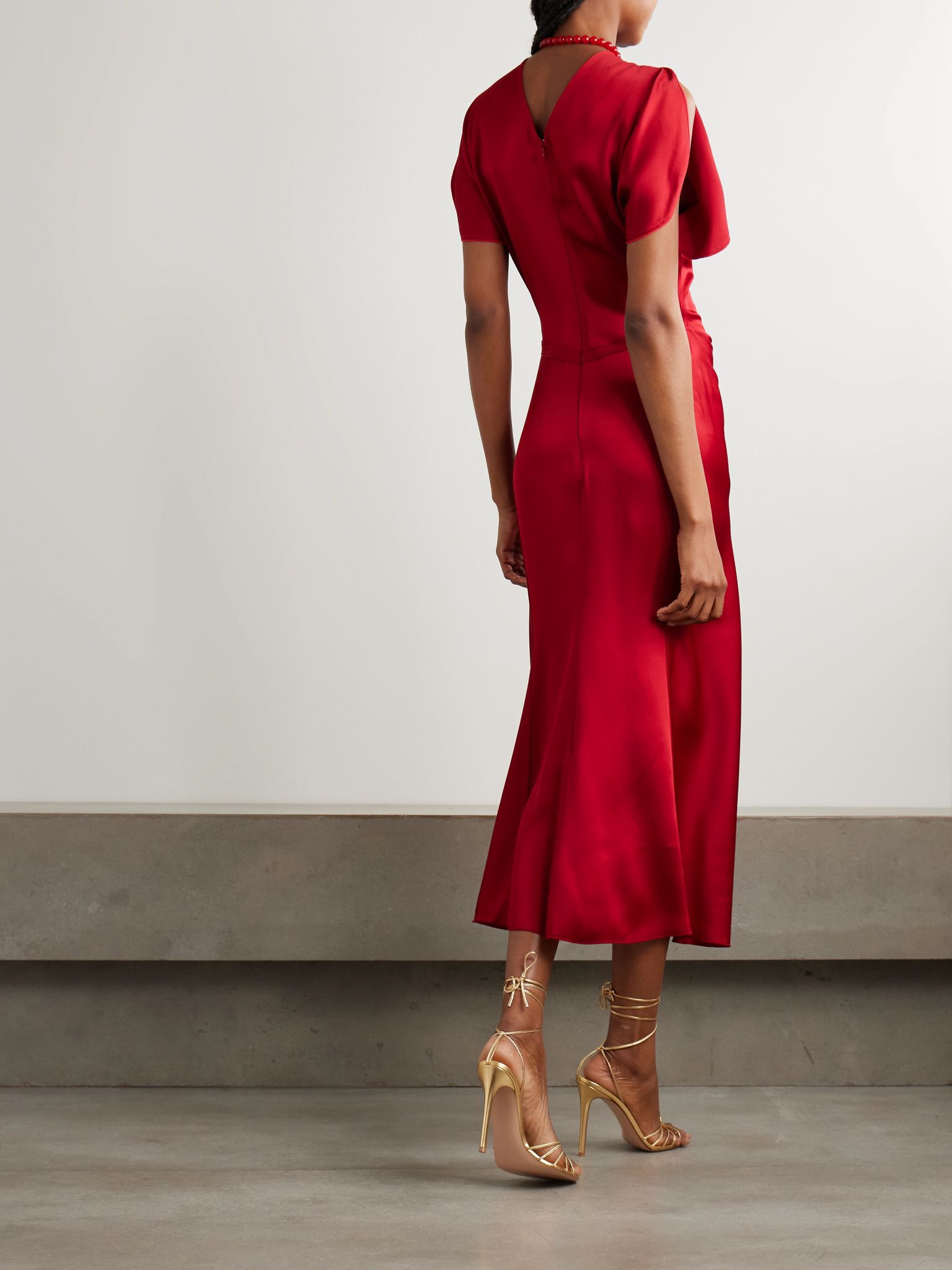 Gathered satin midi dress Red - 3