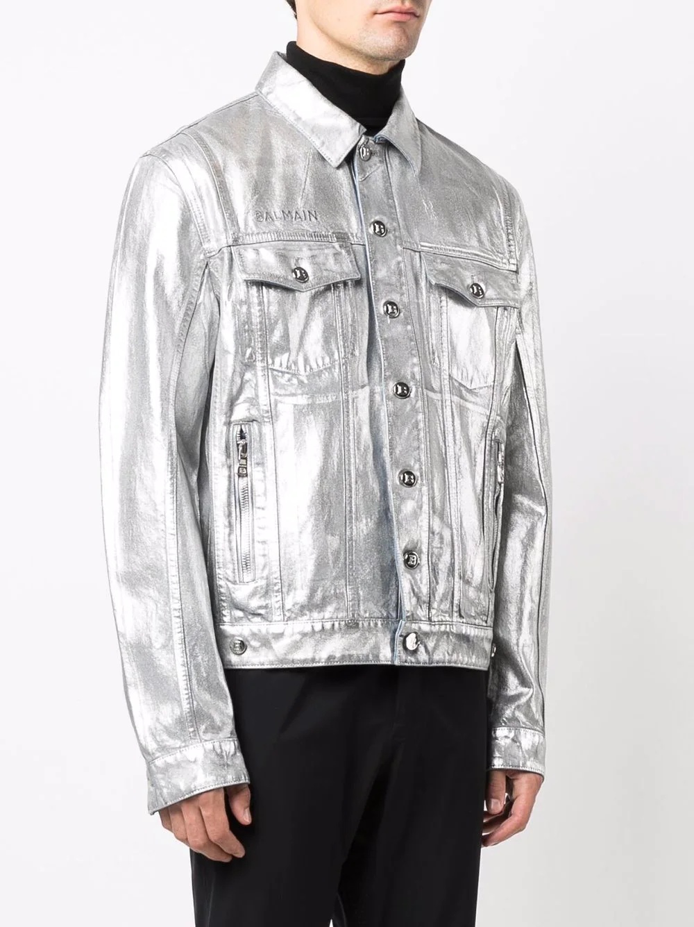 logo-embossed metallic finish denim jacket - 3