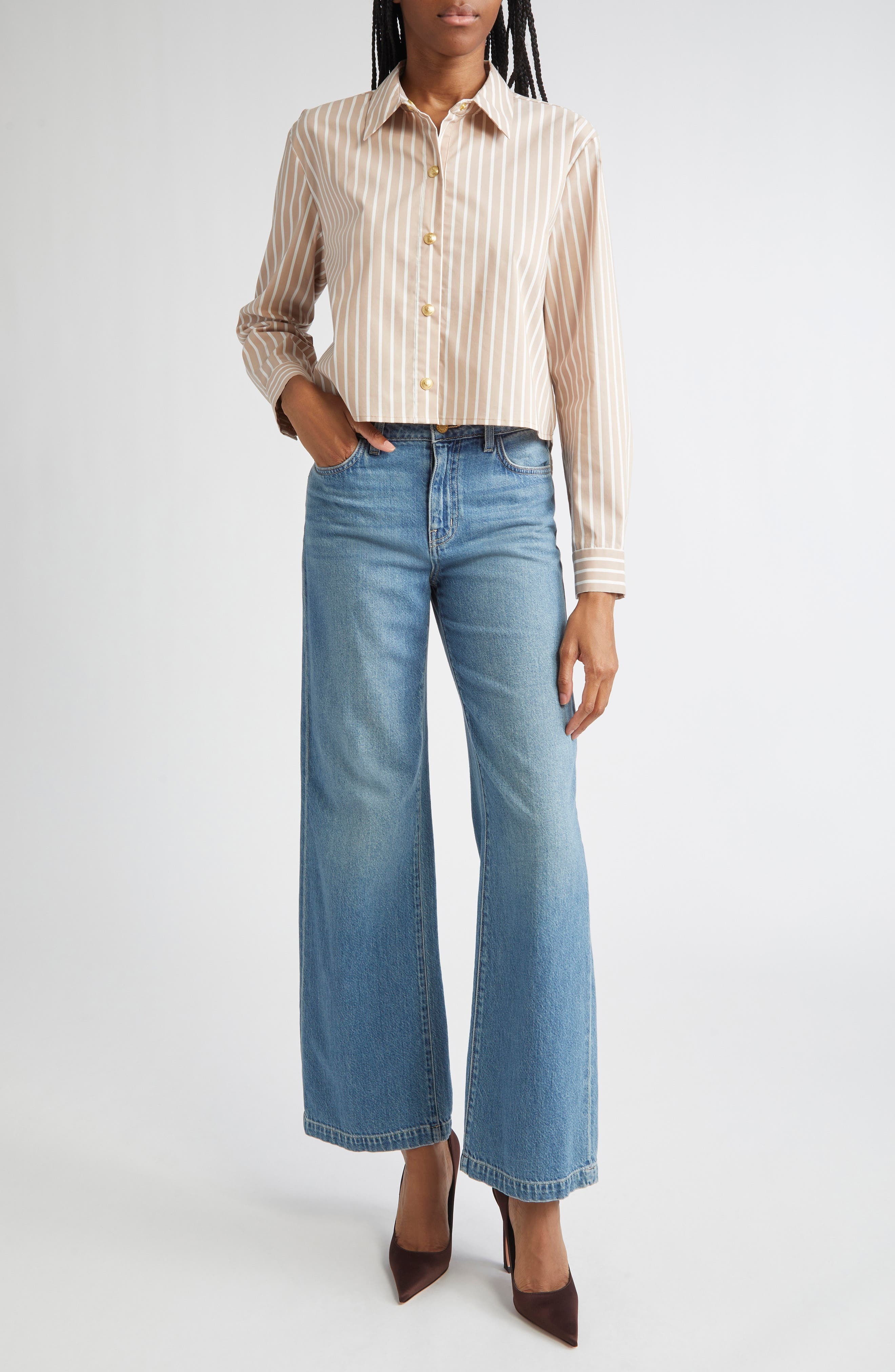 L'AGENCE Cosette Stripe High-Low Crop Snap-Up Shirt in Cappuccino/Ivory Stripe at Nordstrom - 2