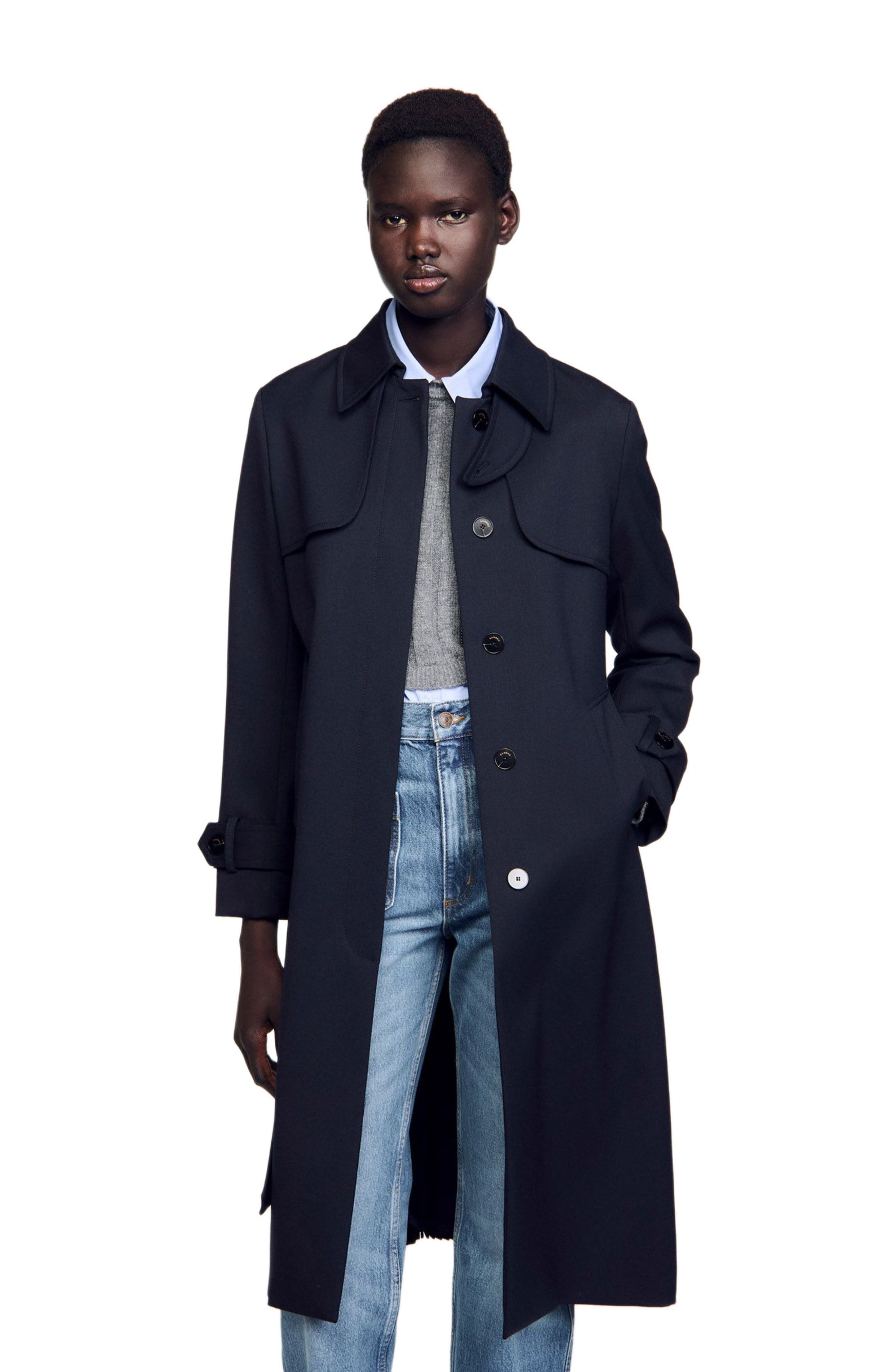 SANDRO Trench coat with pleated inset in Navy Blue at Nordstrom - 4
