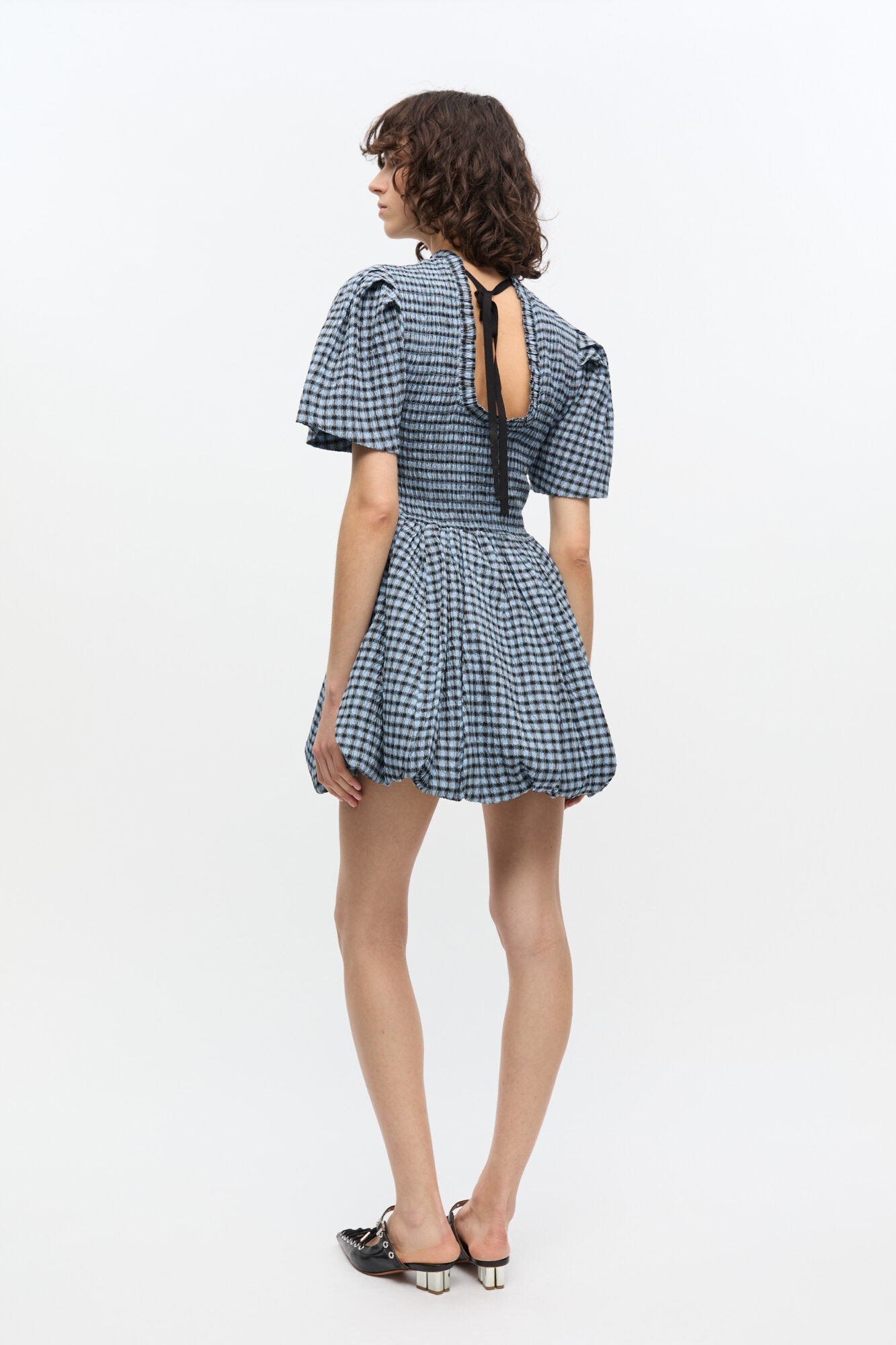 BLUE SEERSUCKER CHECK MINI SMOCK DRESS - 3