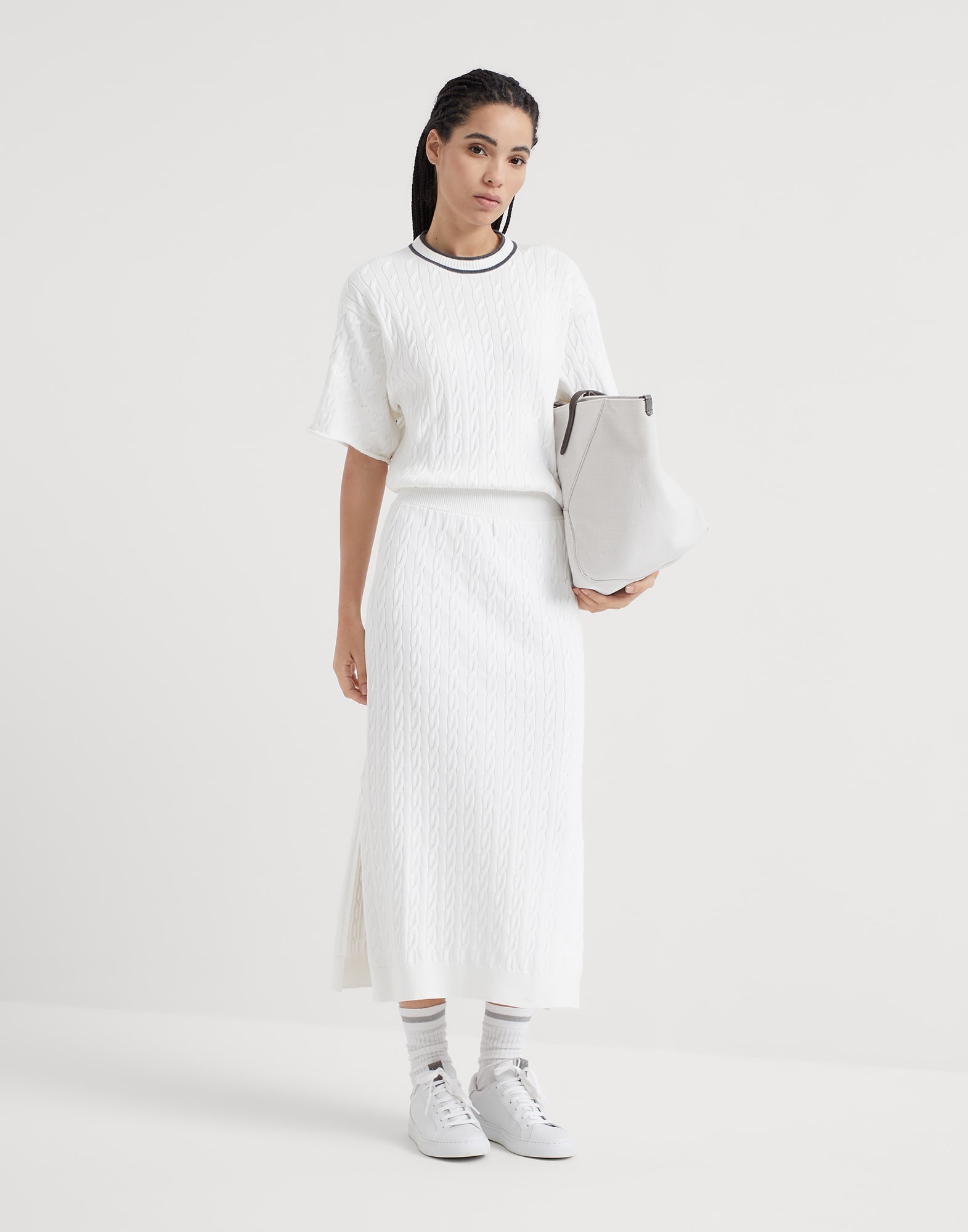 Cotton cable knit dress with shiny collar trims - 5