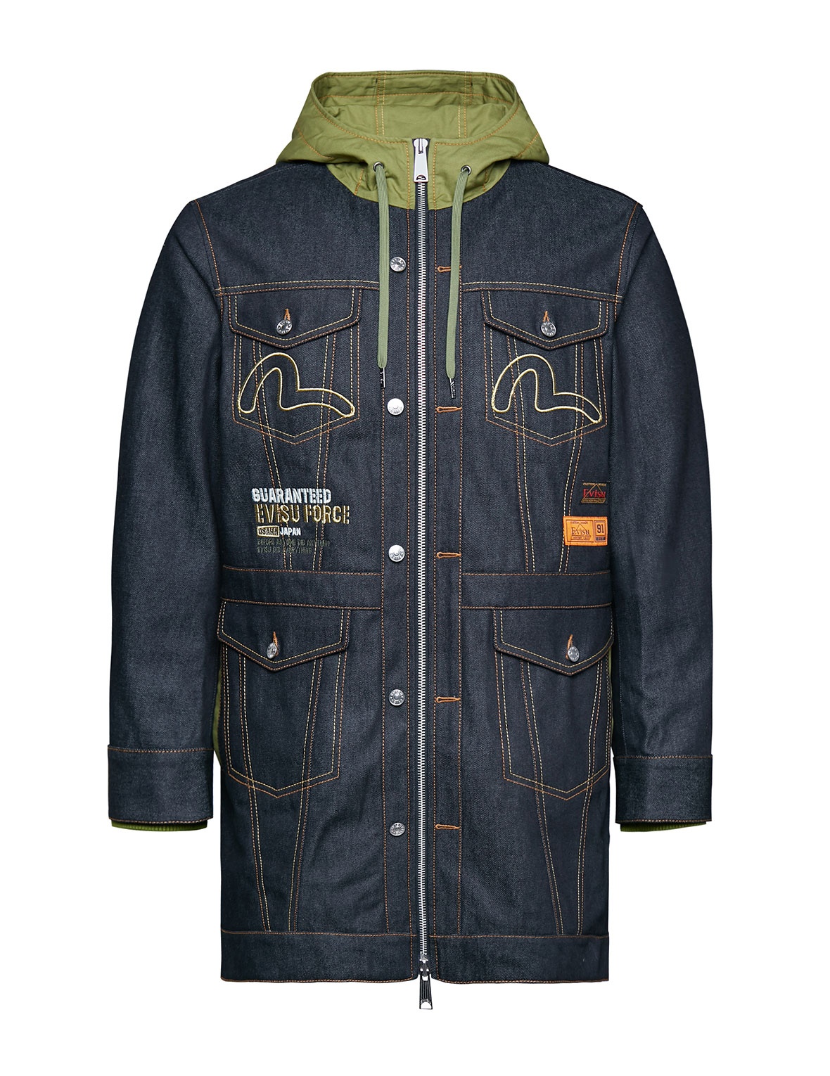 KAMON AND LOGO EMBROIDERED DENIM PADDED COAT - 7
