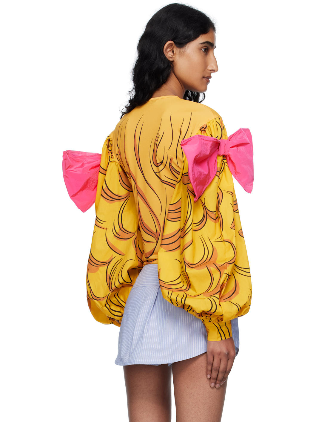 Yellow Crying Girl Puff Sleeve Ribbon T-shirt - 3